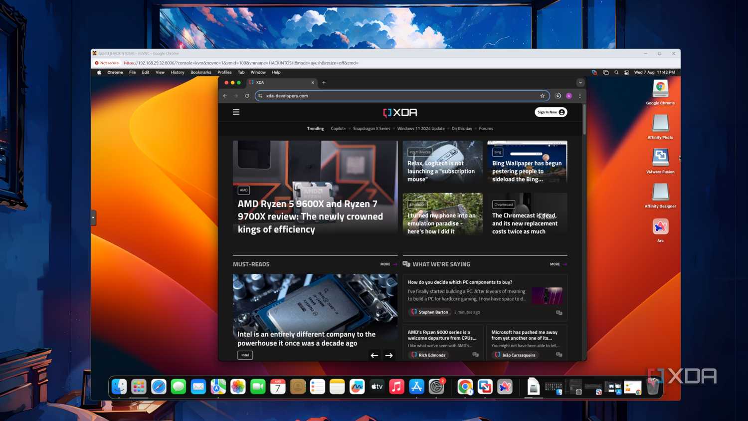 The XDA website running on Chrome in a macOS Ventura VM in Proxmox