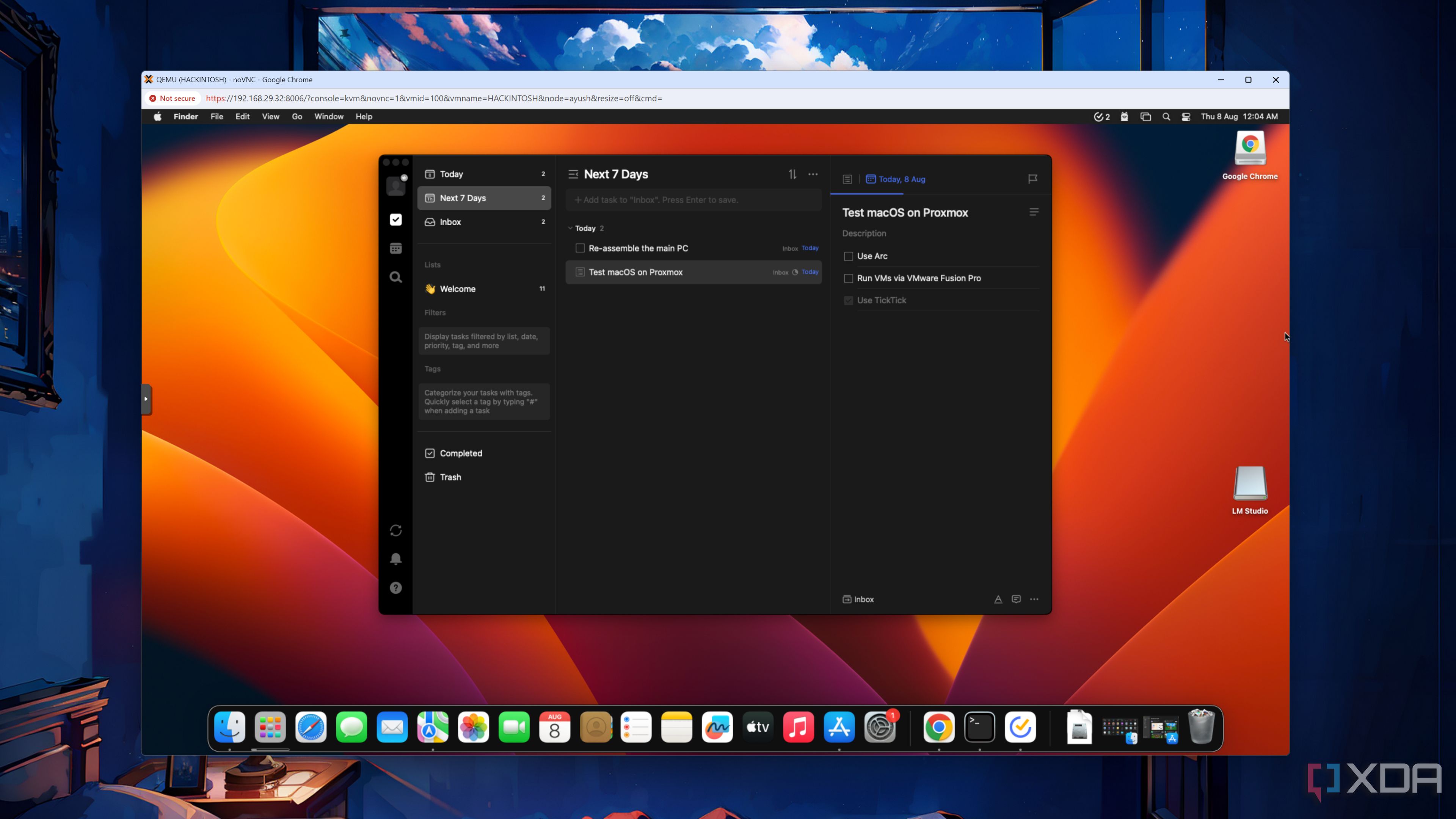The TickTick UI in a macOS Ventura VM in Proxmox