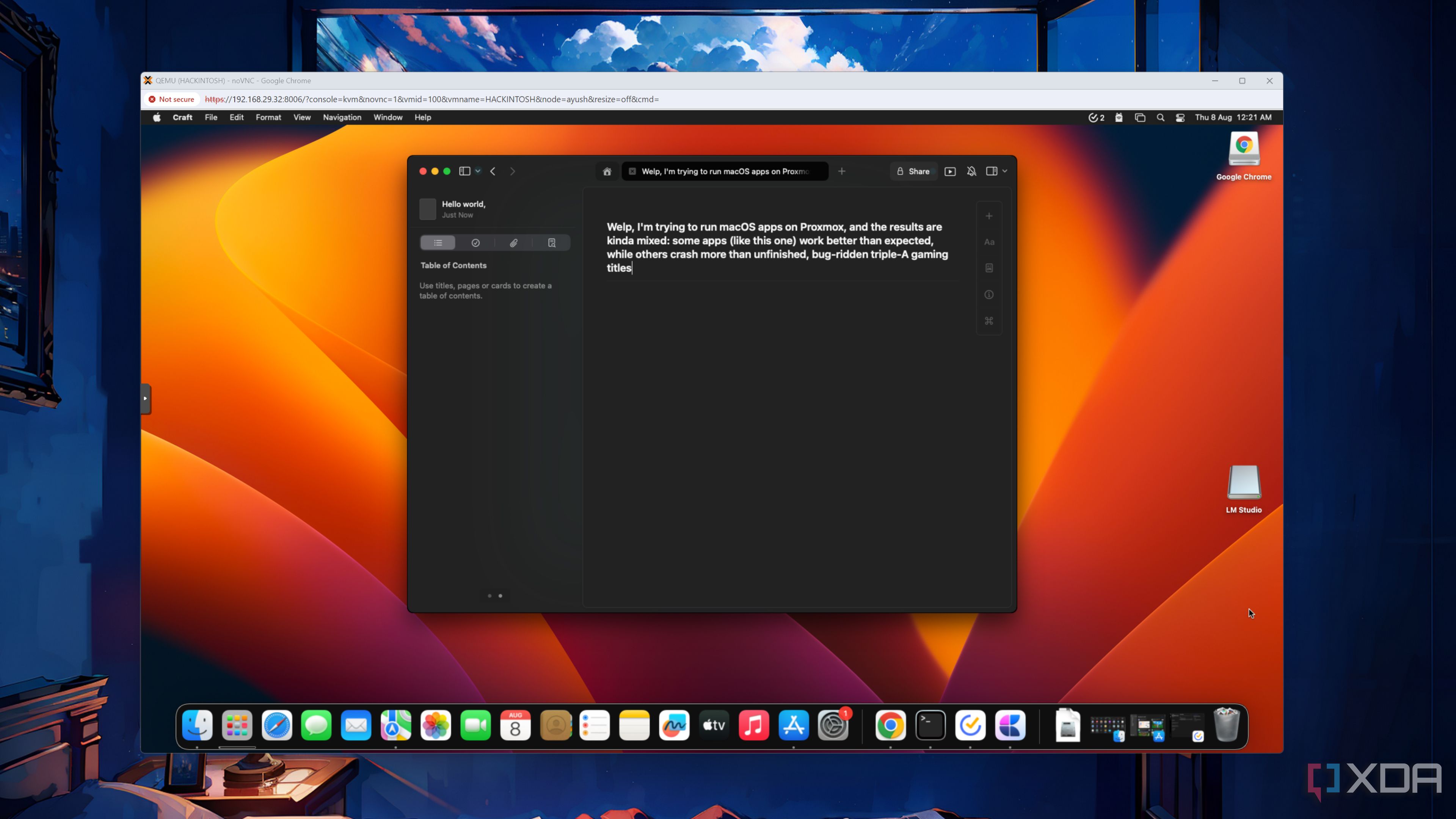 The Craft app on a macOS Ventura VM in Proxmox