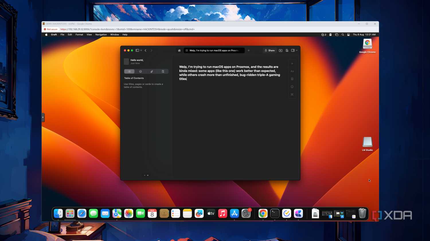 The Craft app on a macOS Ventura VM in Proxmox