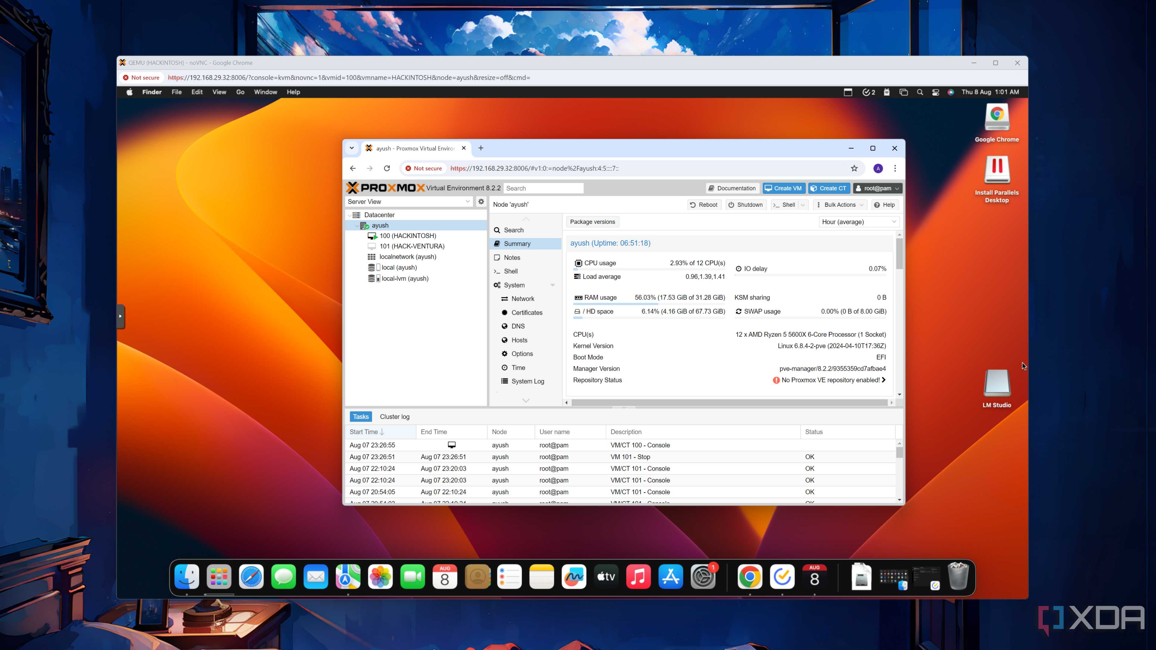 Proxmox displaying the host machine's hardware details