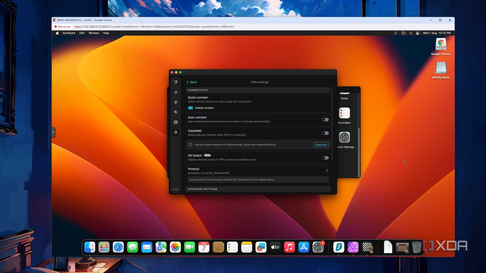 Surfshark en una máquina virtual macOS Ventura que se ejecuta en Proxmox