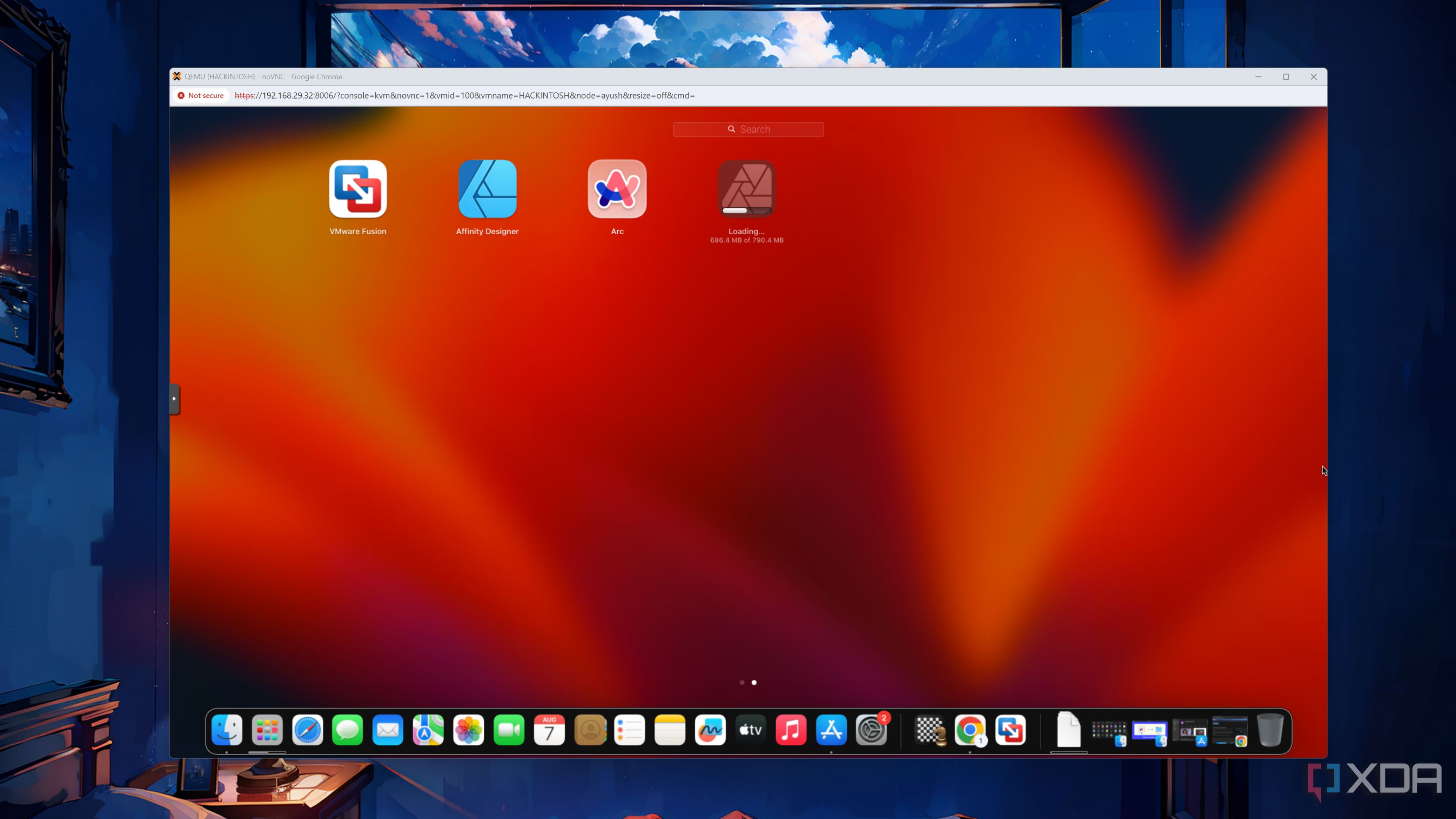 The macOS Ventura VM desktop in Proxmox