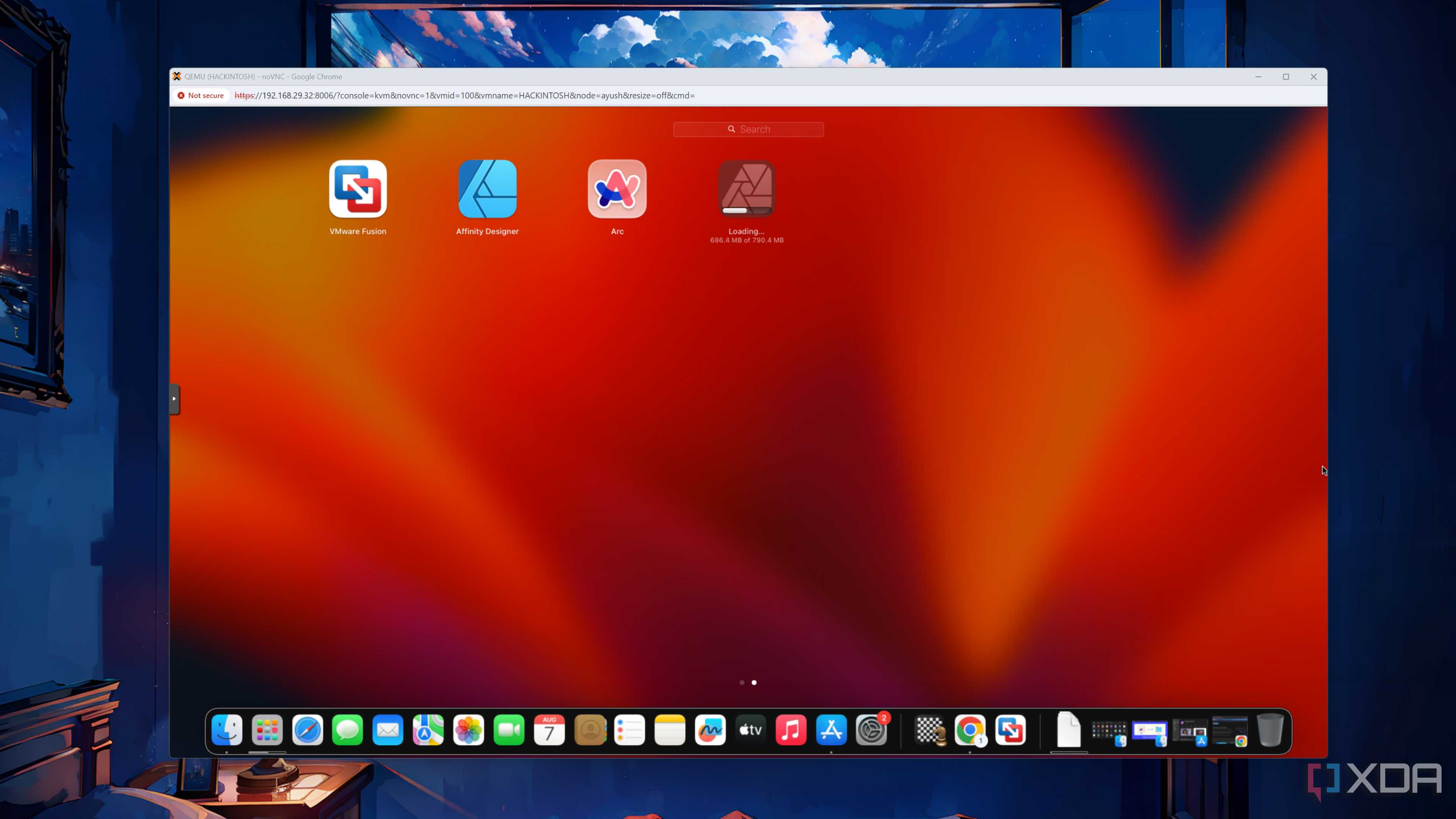 The macOS Ventura VM desktop in Proxmox