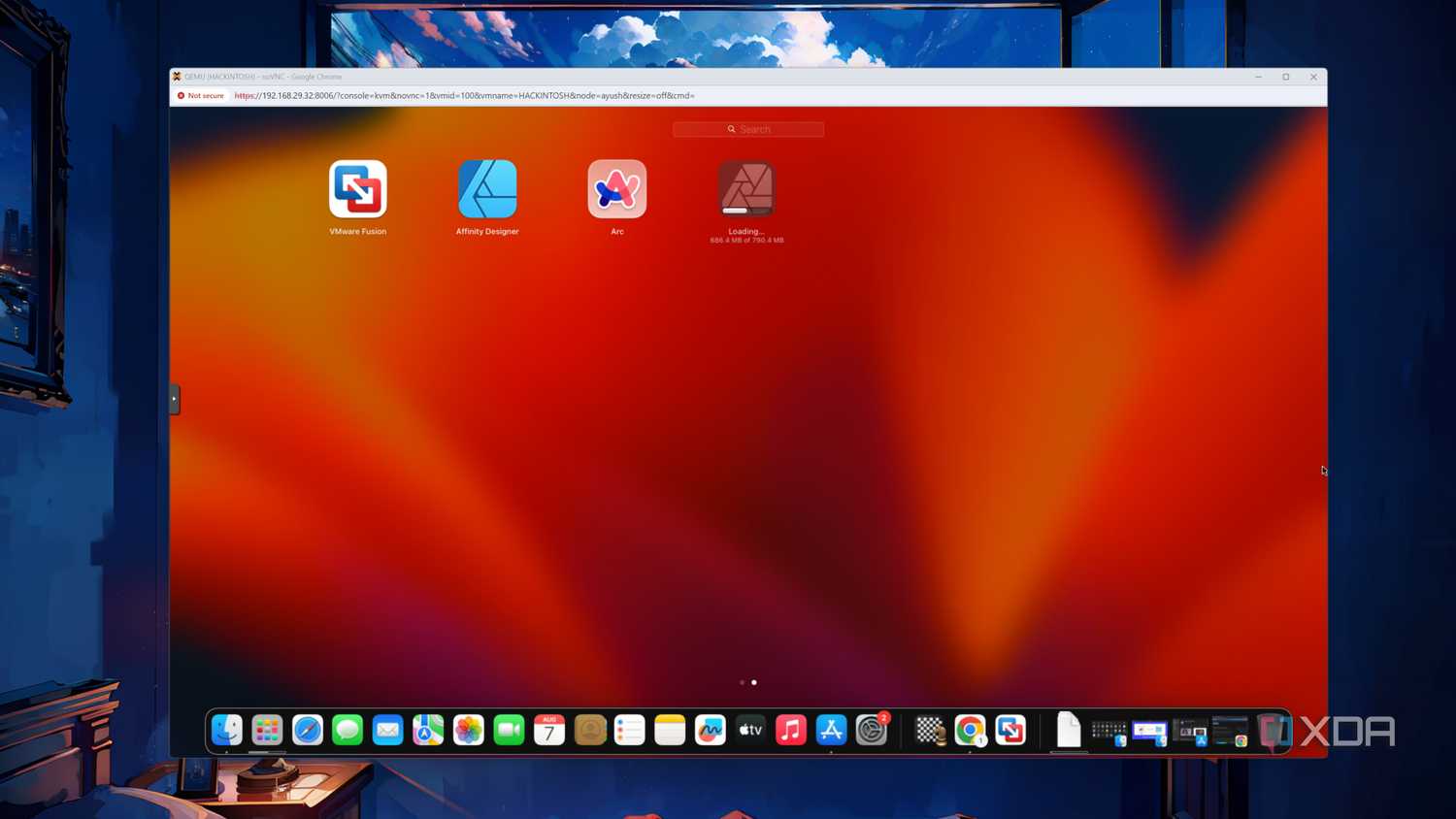 The macOS Ventura VM desktop in Proxmox