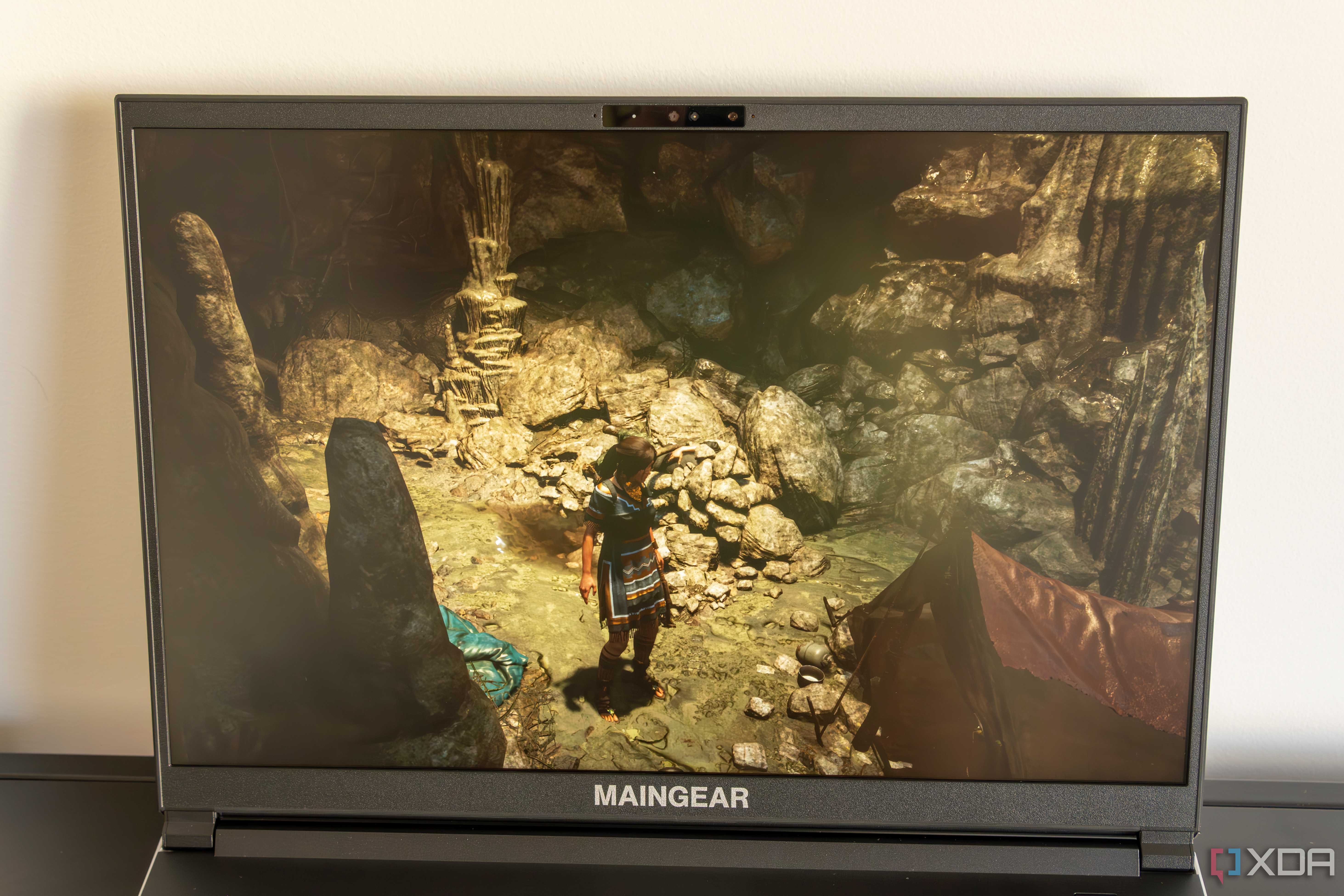 Lightly angled front view of the Maingear ML-16 playing Shadow of the Tomb Raider