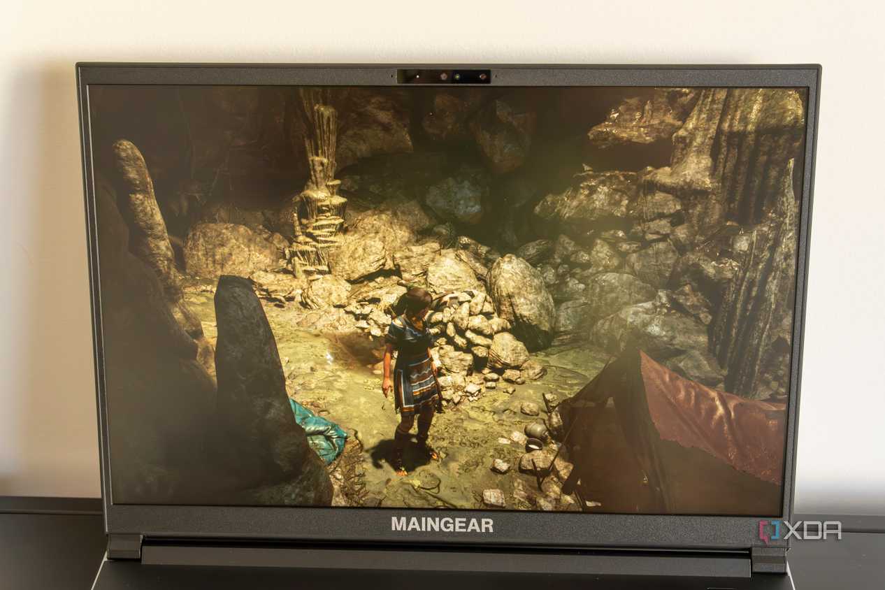 Lightly angled front view of the Maingear ML-16 playing Shadow of the Tomb Raider