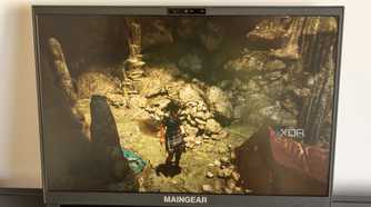 Lightly angled front view of the Maingear ML-16 playing Shadow of the Tomb Raider