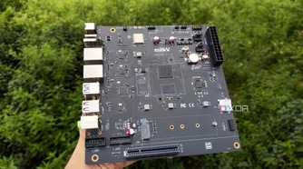 The K1 version of the Milk-V Jupiter mini-ITX motherboard with a PCIe 3.0 SSD lying nearby