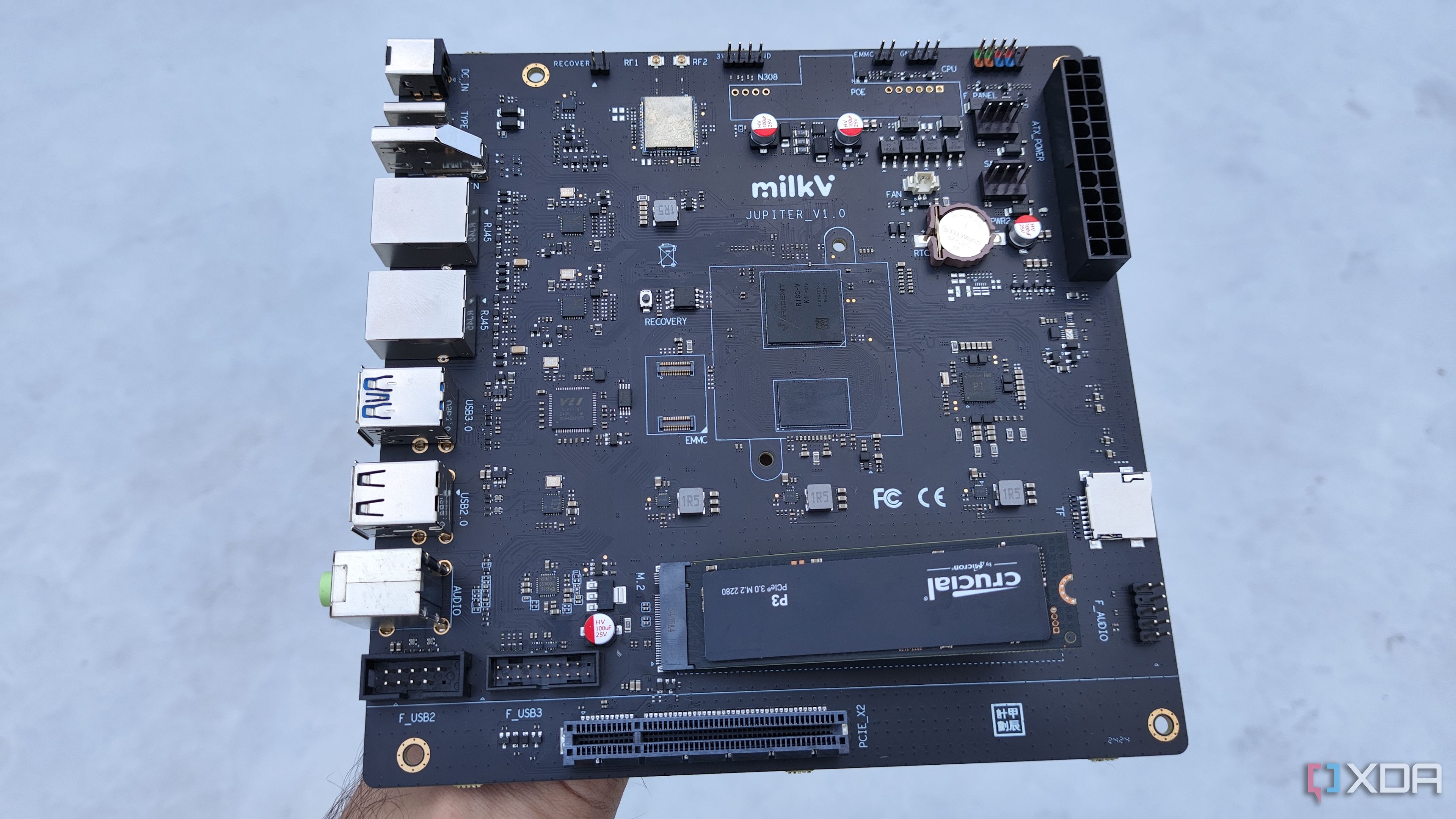 The K1 version of the Milk-V Jupiter mini-ITX motherboard with a PCIe 3.0 SSD plugged into it