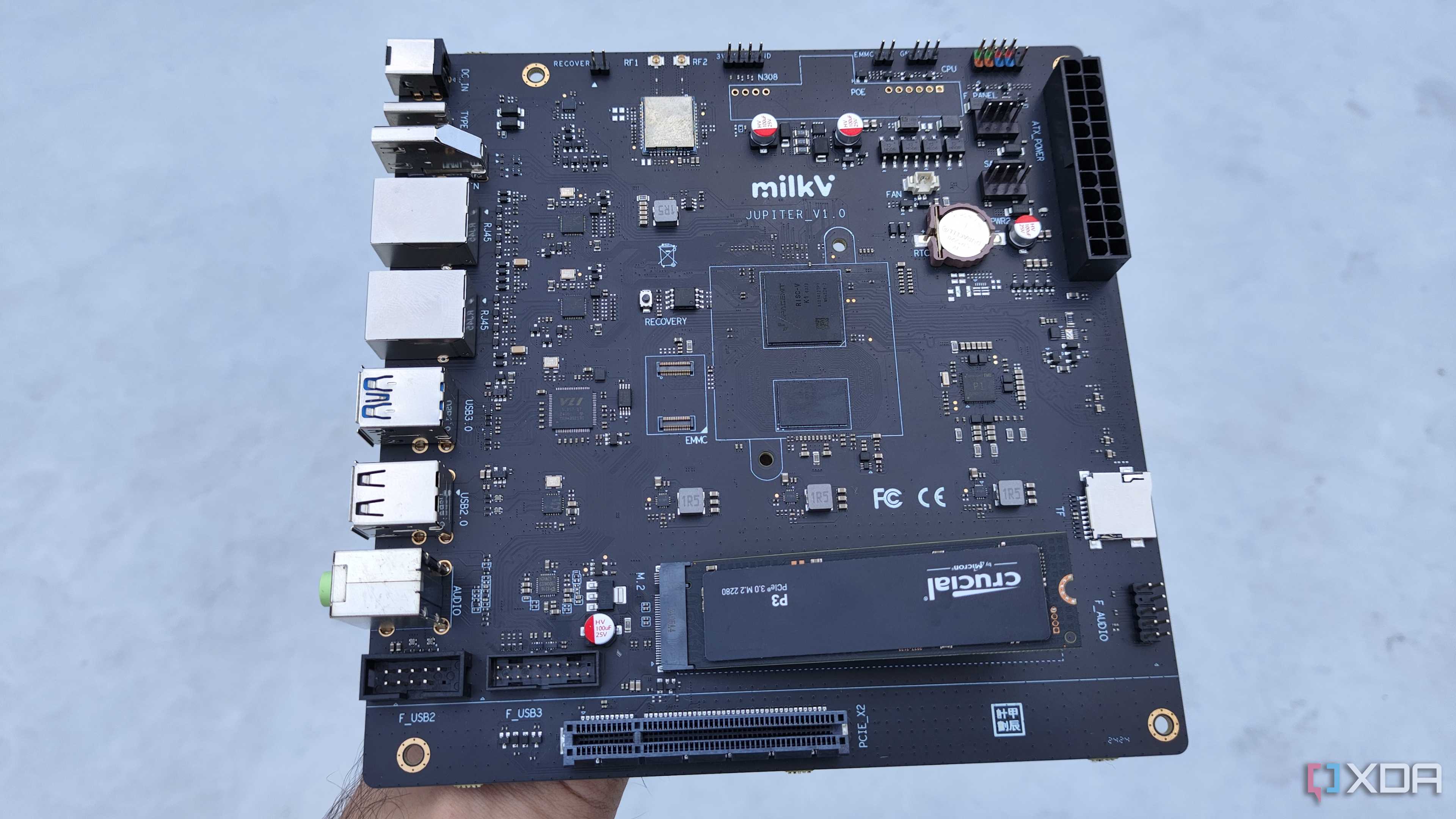 The K1 version of the Milk-V Jupiter mini-ITX motherboard with a PCIe 3.0 SSD plugged into it