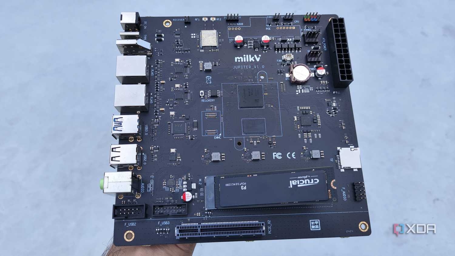 The K1 version of the Milk-V Jupiter mini-ITX motherboard with a PCIe 3.0 SSD plugged into it
