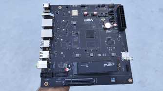 The K1 version of the Milk-V Jupiter mini-ITX motherboard with a PCIe 3.0 SSD plugged into it