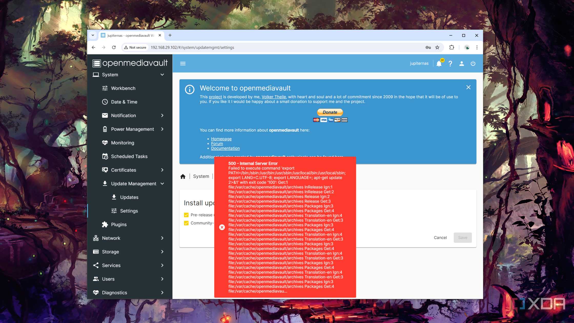 The 500 Service Error when updating the packages in OpenMediaVault