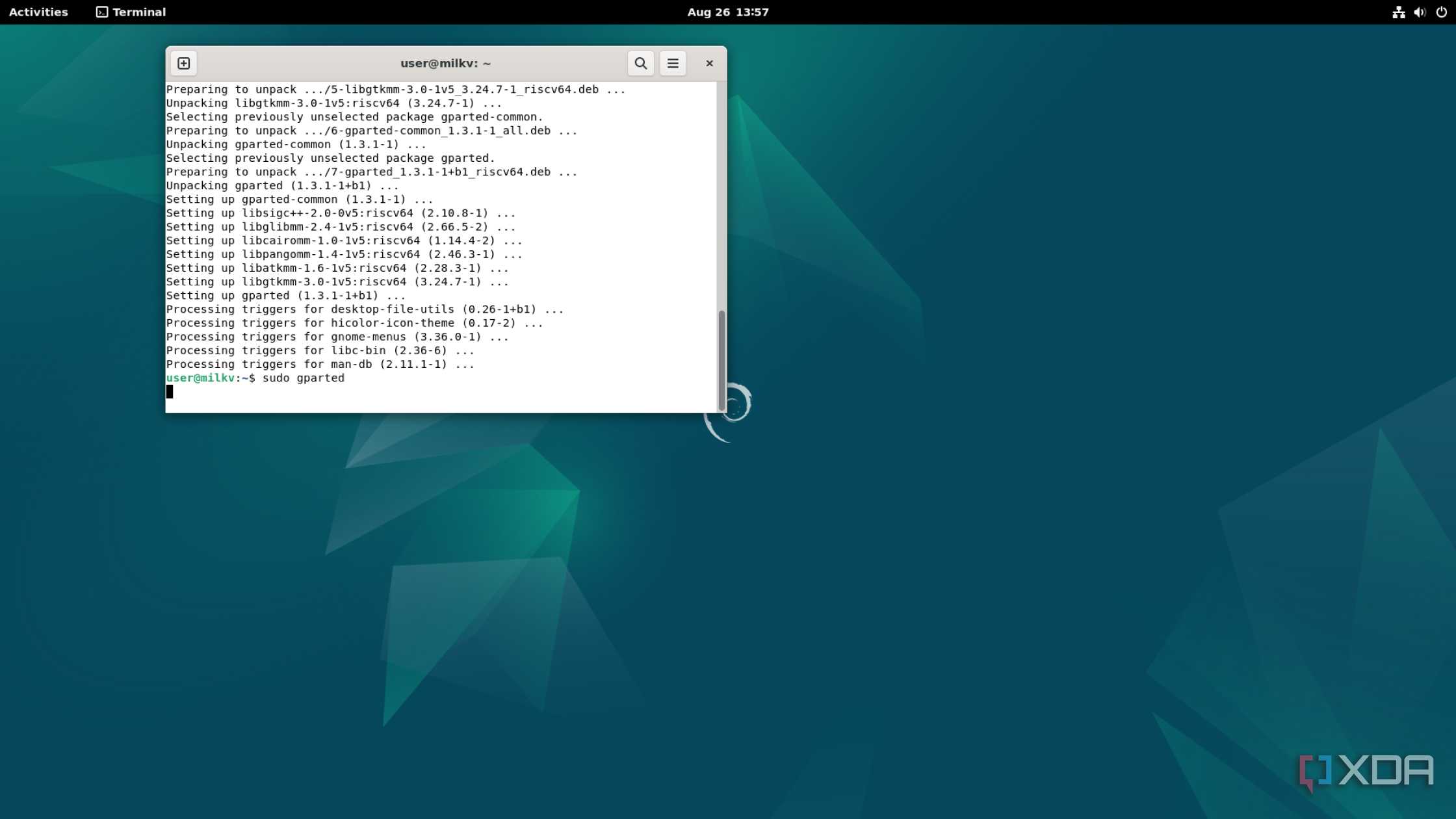 Running the command to install GParted on the official Debian 11 image for the Milk-V Mars