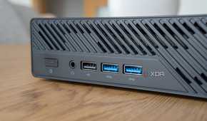 Close-up view of the USB ports on the front of the Minisforum MS-A1