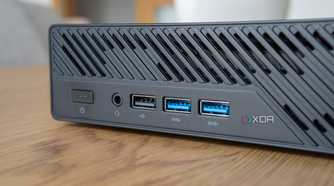 Close-up view of the USB ports on the front of the Minisforum MS-A1
