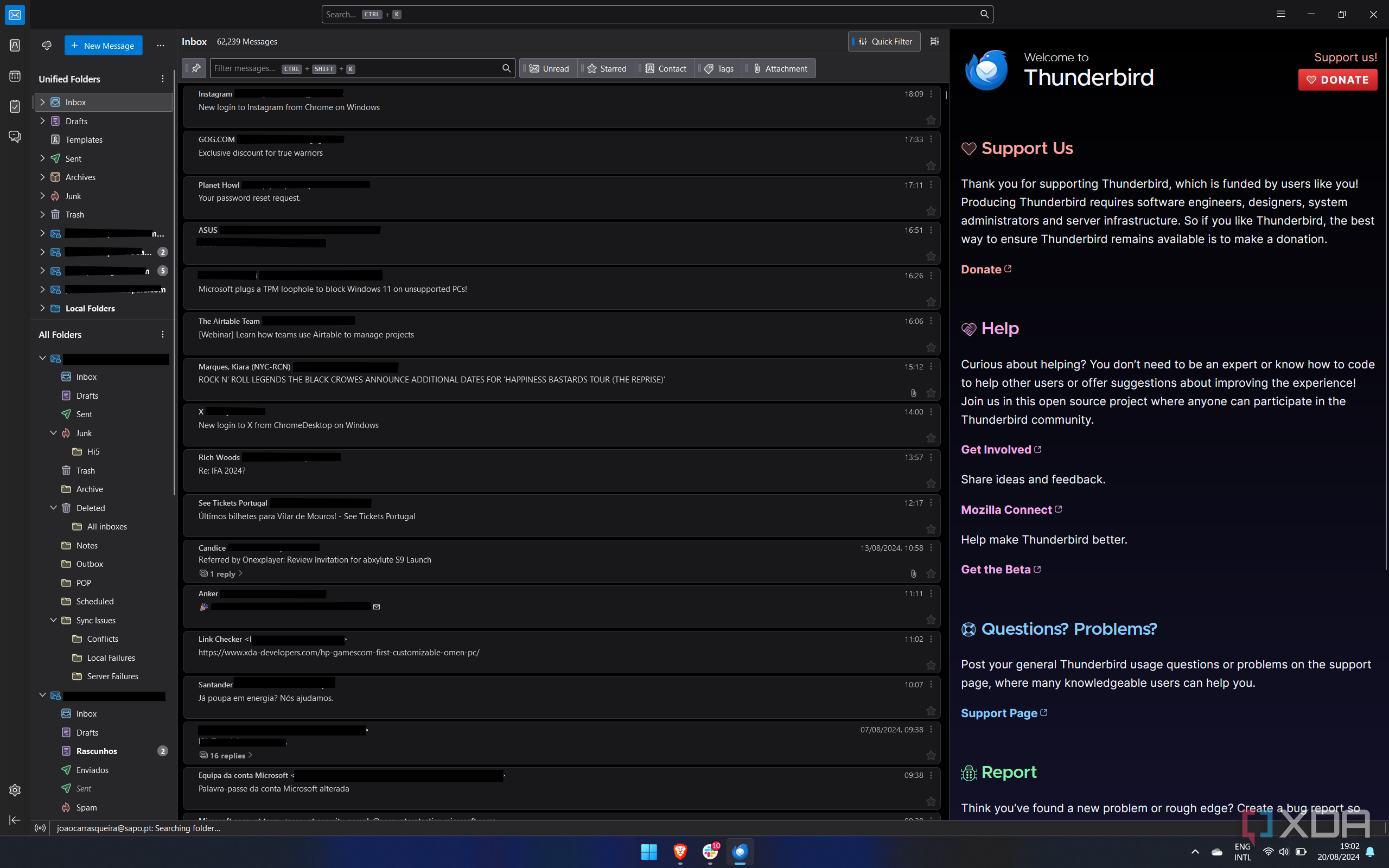 Screenshot of a unified inbox in Mozilla THunderbird