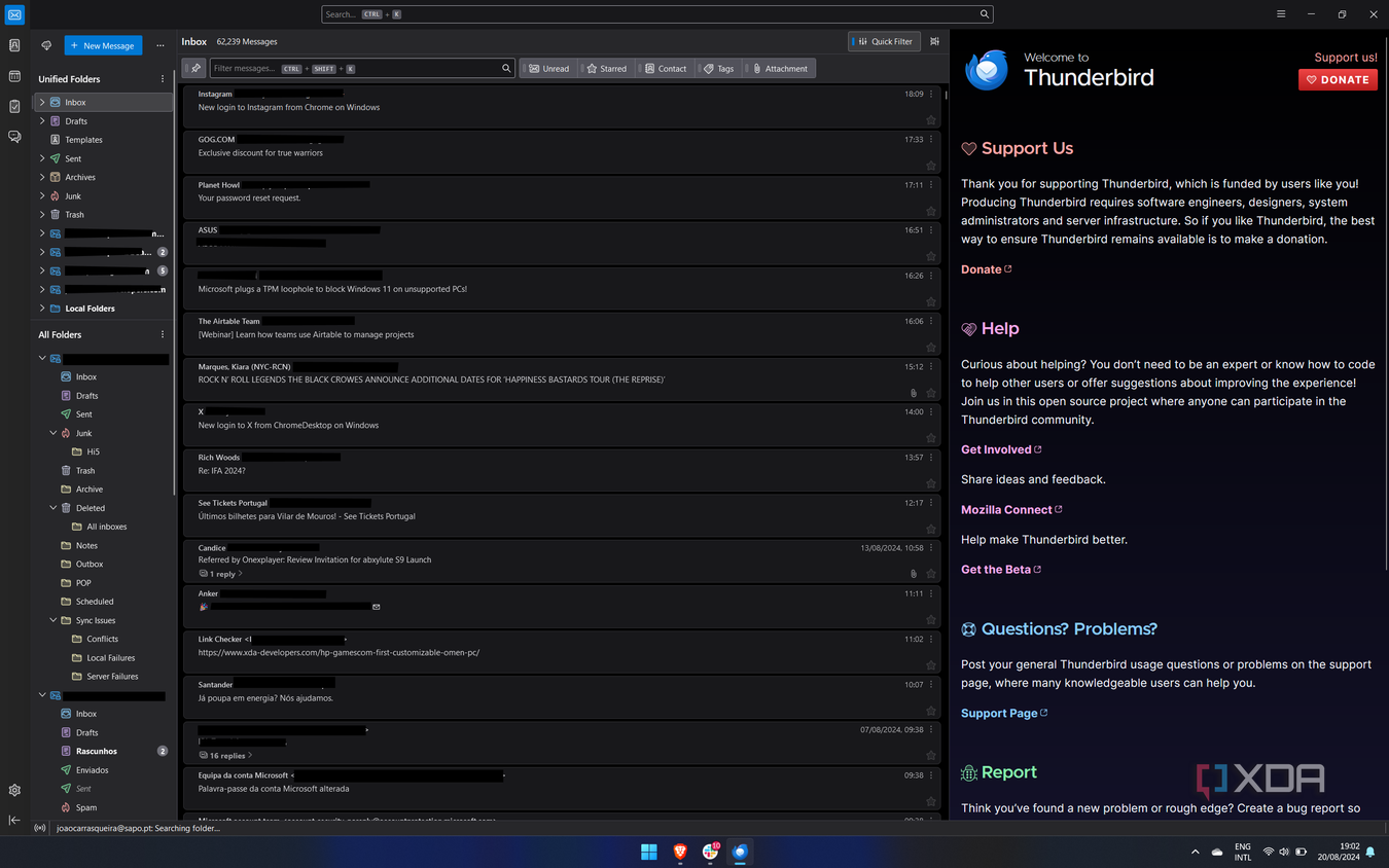 Screenshot of a unified inbox in Mozilla THunderbird
