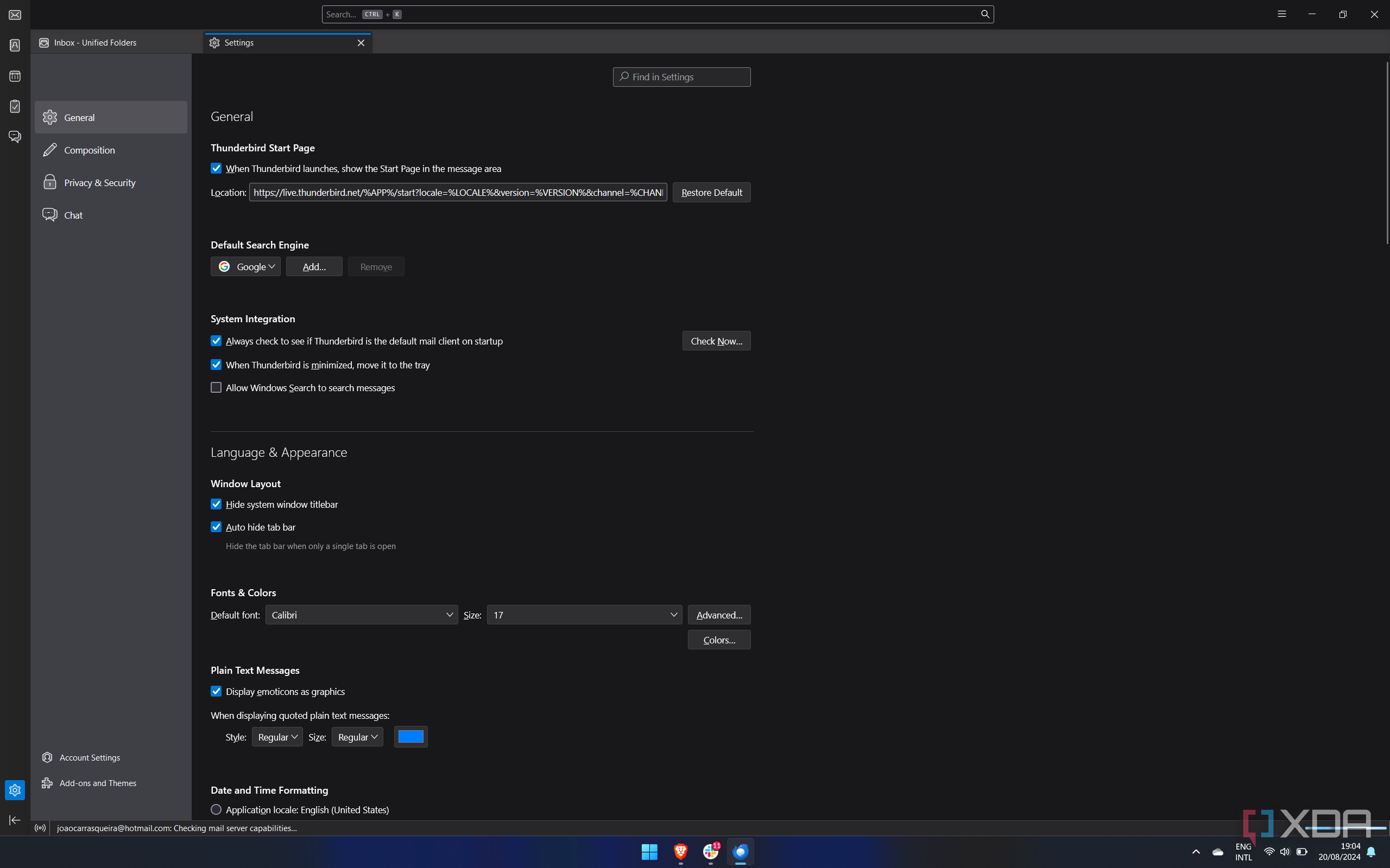 Screenshot of Mozilla THunderbird general settings