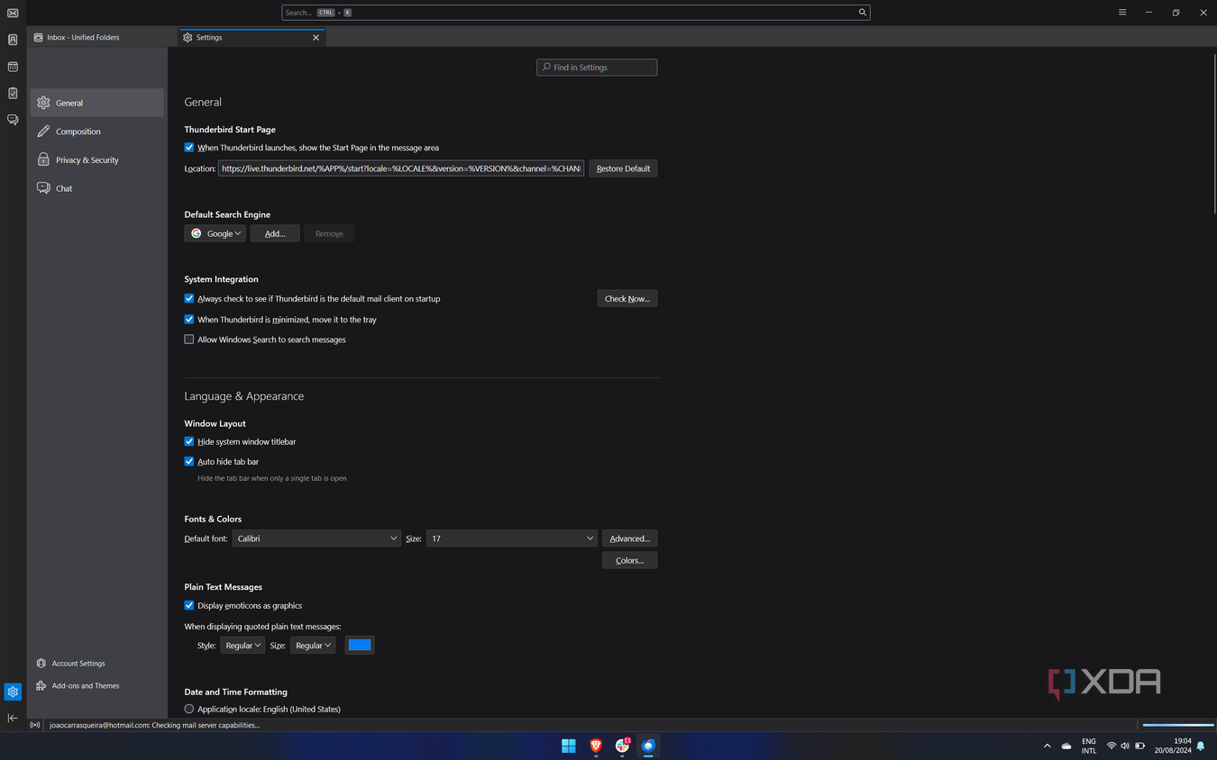 Screenshot of Mozilla THunderbird general settings