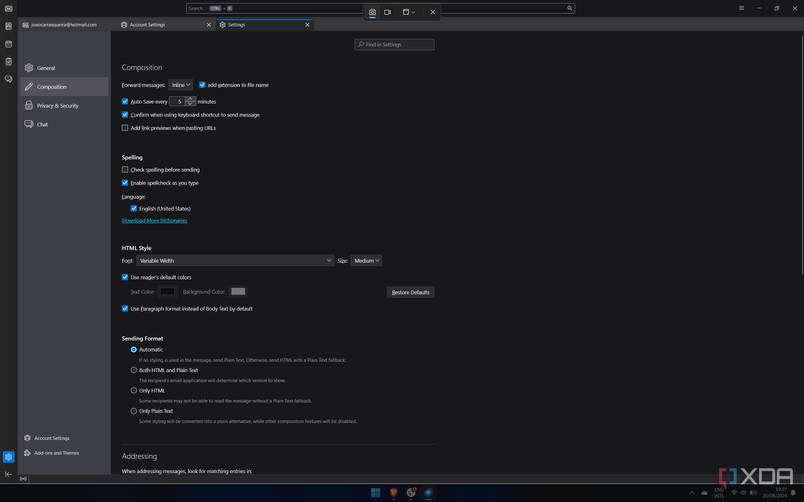 Screenshot of Mozilla Thunderbird Composition settings