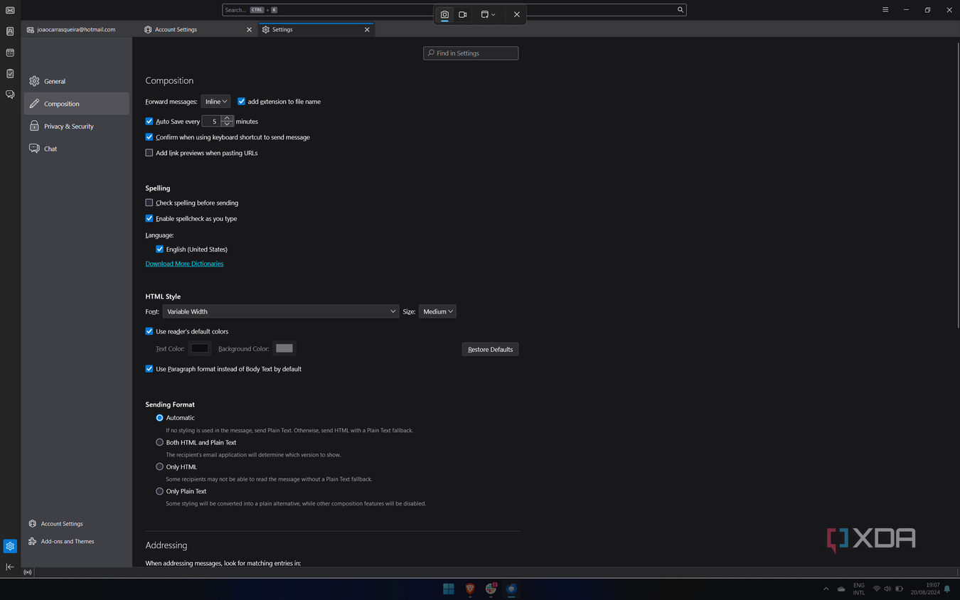 Screenshot of Mozilla Thunderbird Composition settings