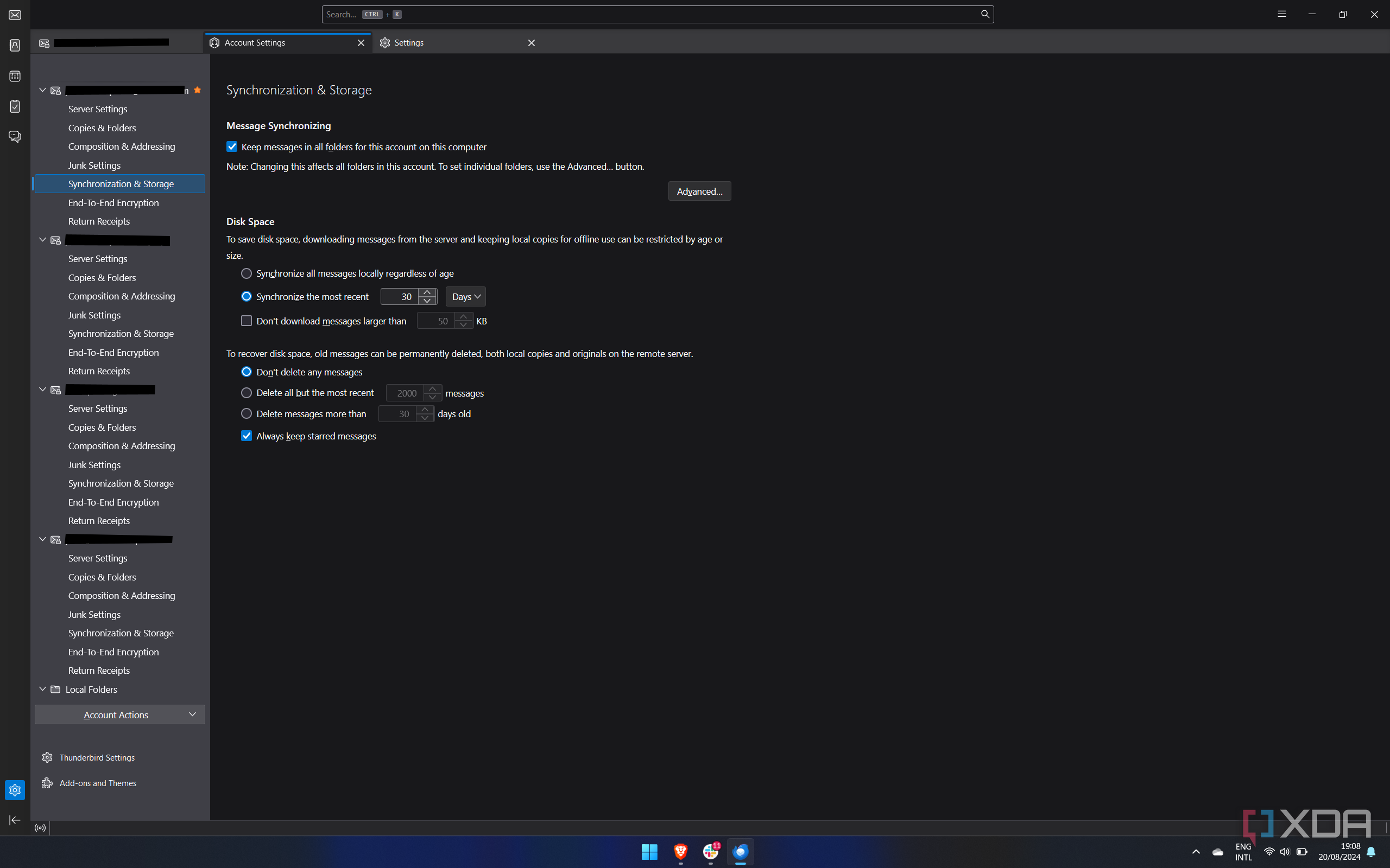 Screenshot of Mozilla Thunderbird sync and storage settings for an email account