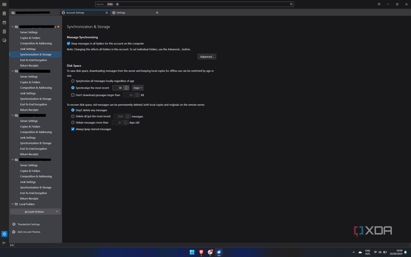 Screenshot of Mozilla Thunderbird sync and storage settings for an email account