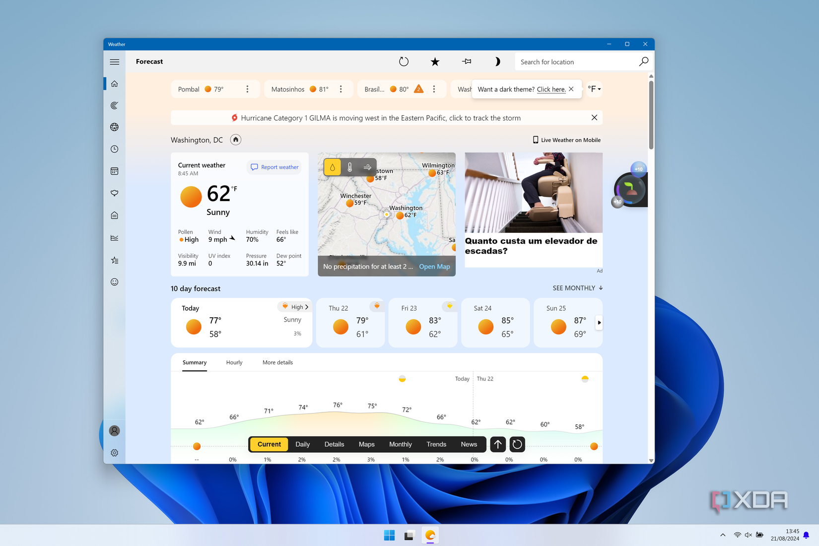 Screenshot of Windows 11 running the included Weather app