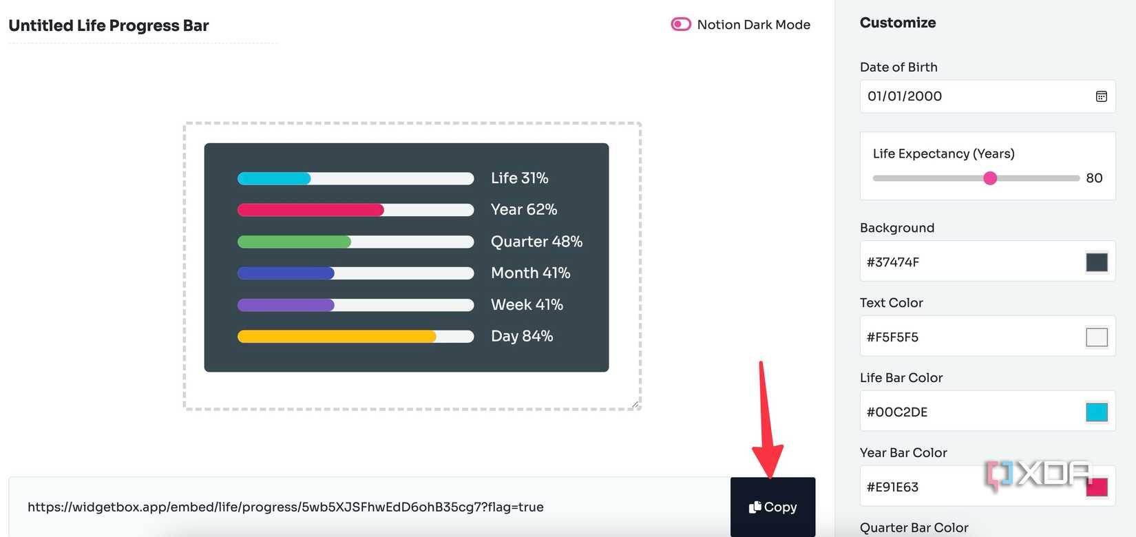 Copy widget URL in Notion