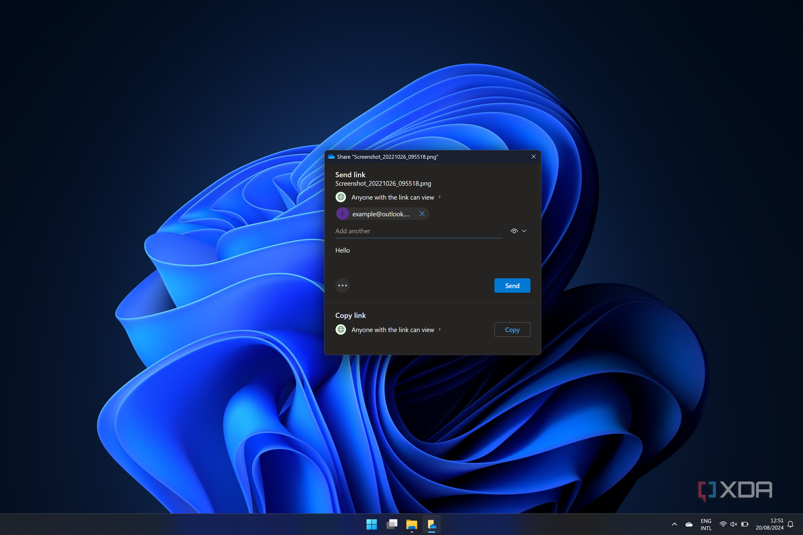 Screenshot of a OneDrive share dialog with fields filled in