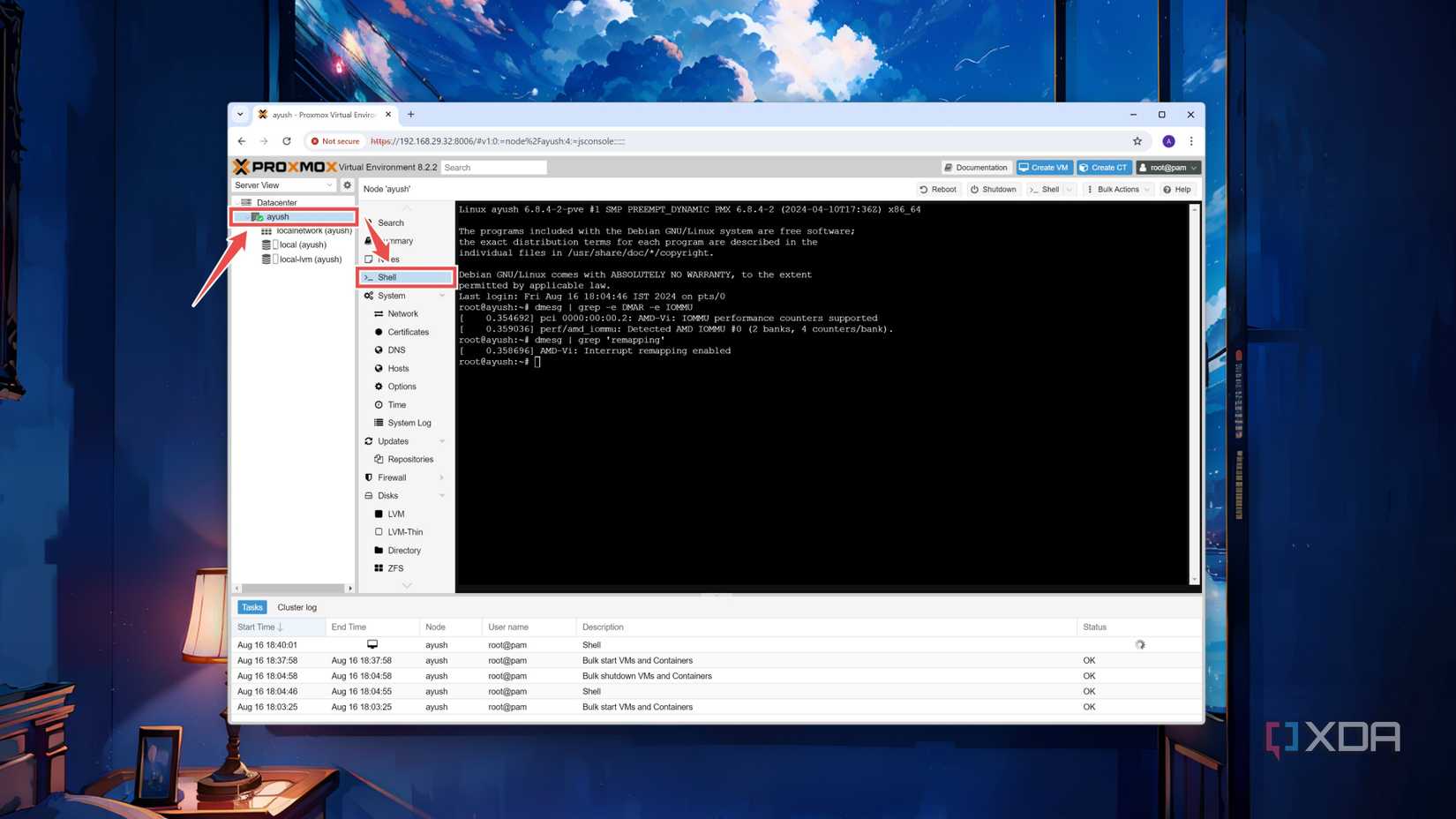 Opening the Shell of a node inside the Proxmox web UI