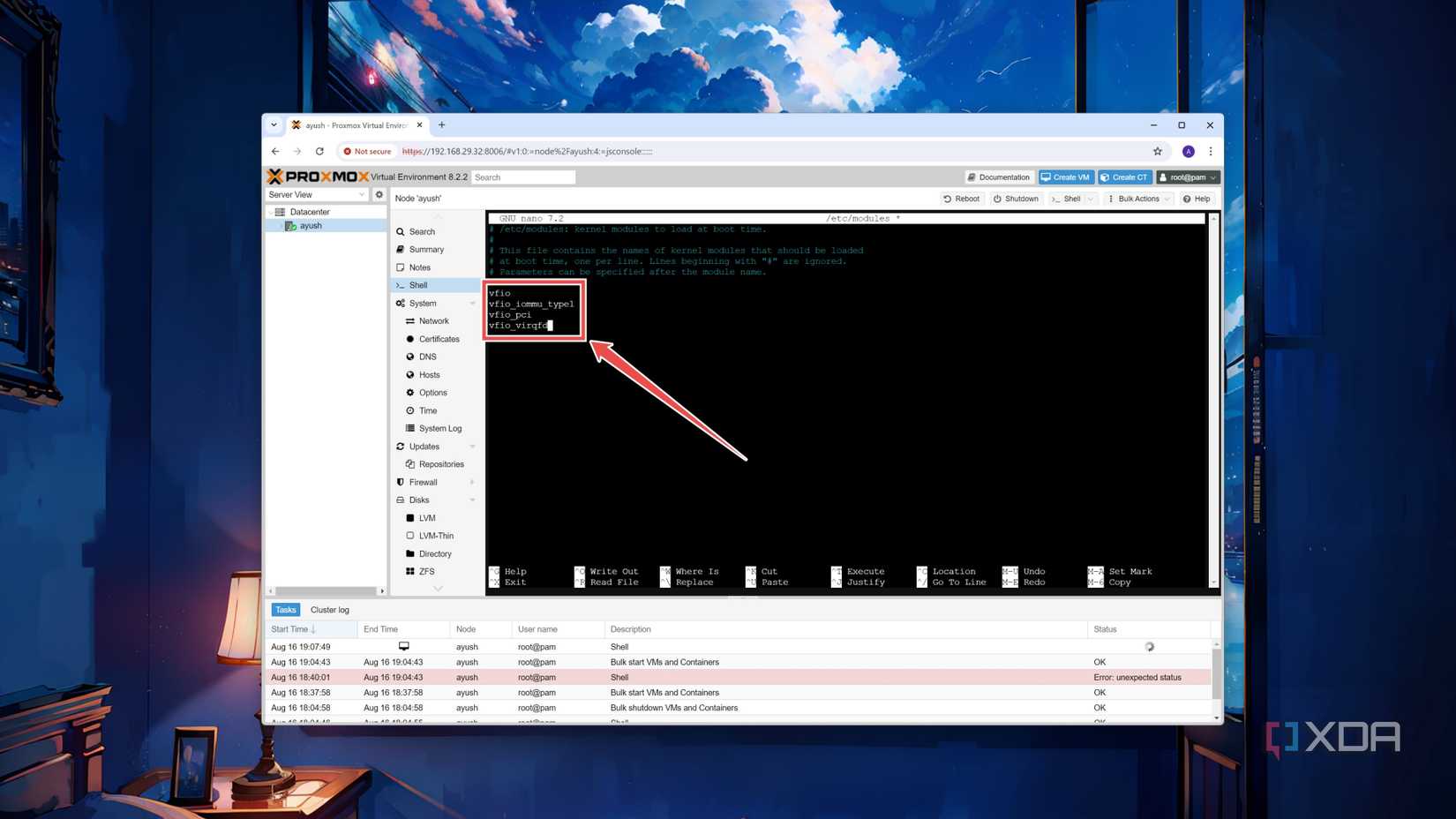 Adding the vfio variables inside the modules file the Proxmox web UI