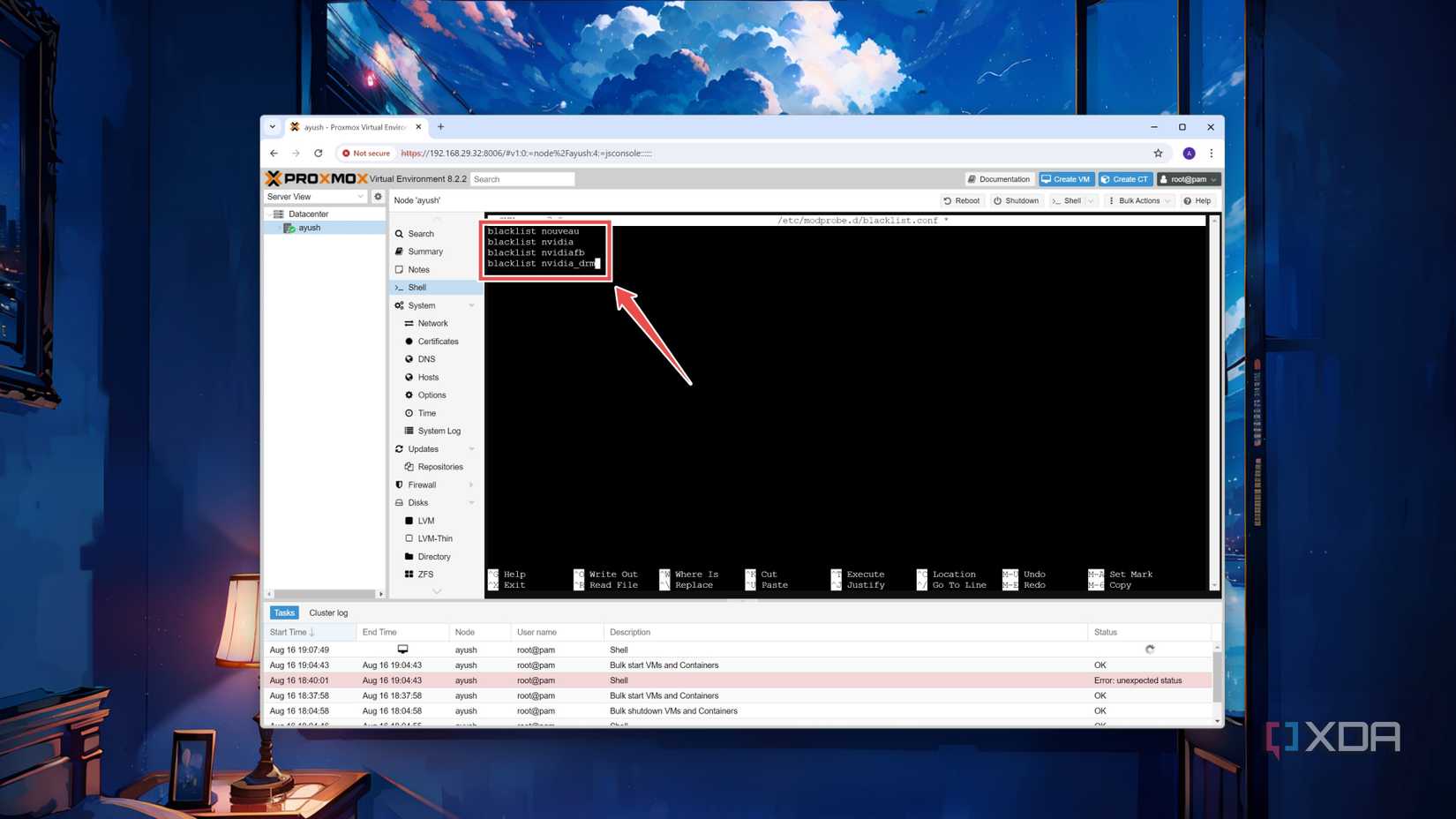 The important Nvidia drivers inside the blacklist.conf in the Proxmox web UI