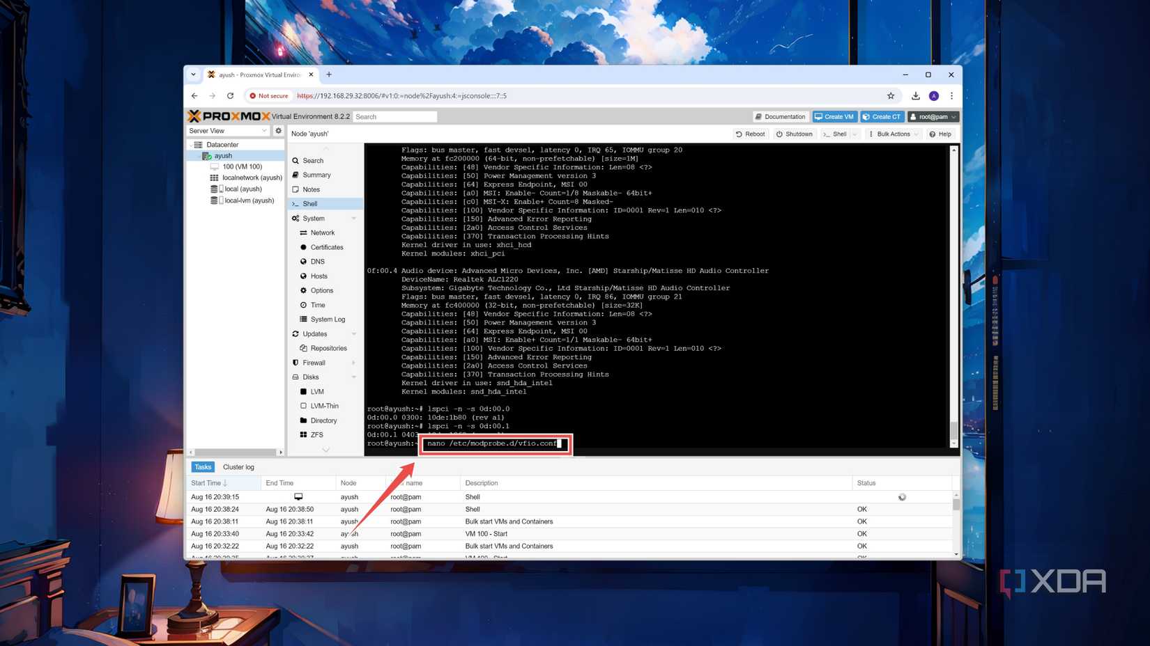 The command to open the vfio.conf file in the Proxmox web UI