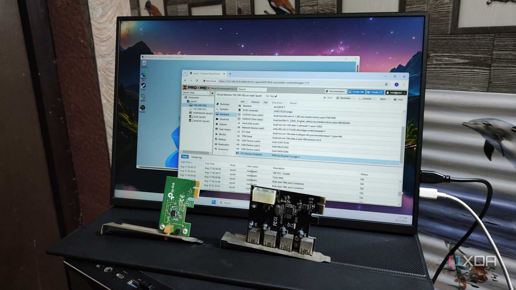 Those empty PCIe slots in your server aren't useless, here's 4 things you can fill them with 4 A WLAN card and a USB expansion card kept in front of a monitor displaying the Proxmox UI