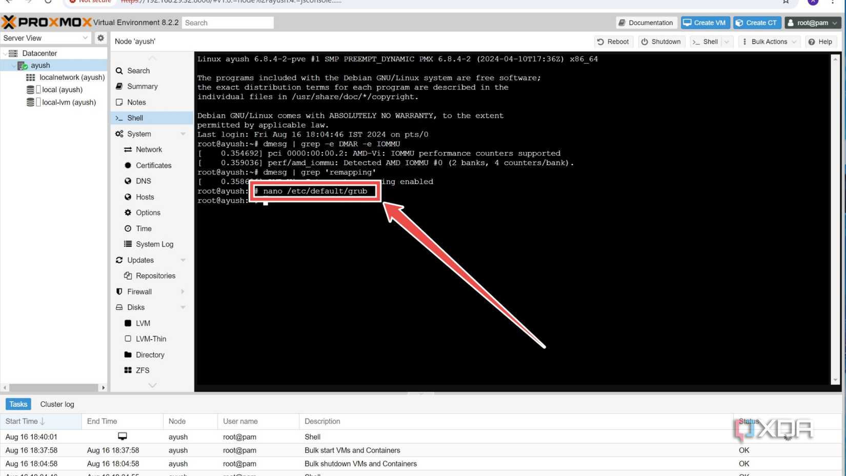 The command to open the GRUB bootloader config file in the Proxmox web UI
