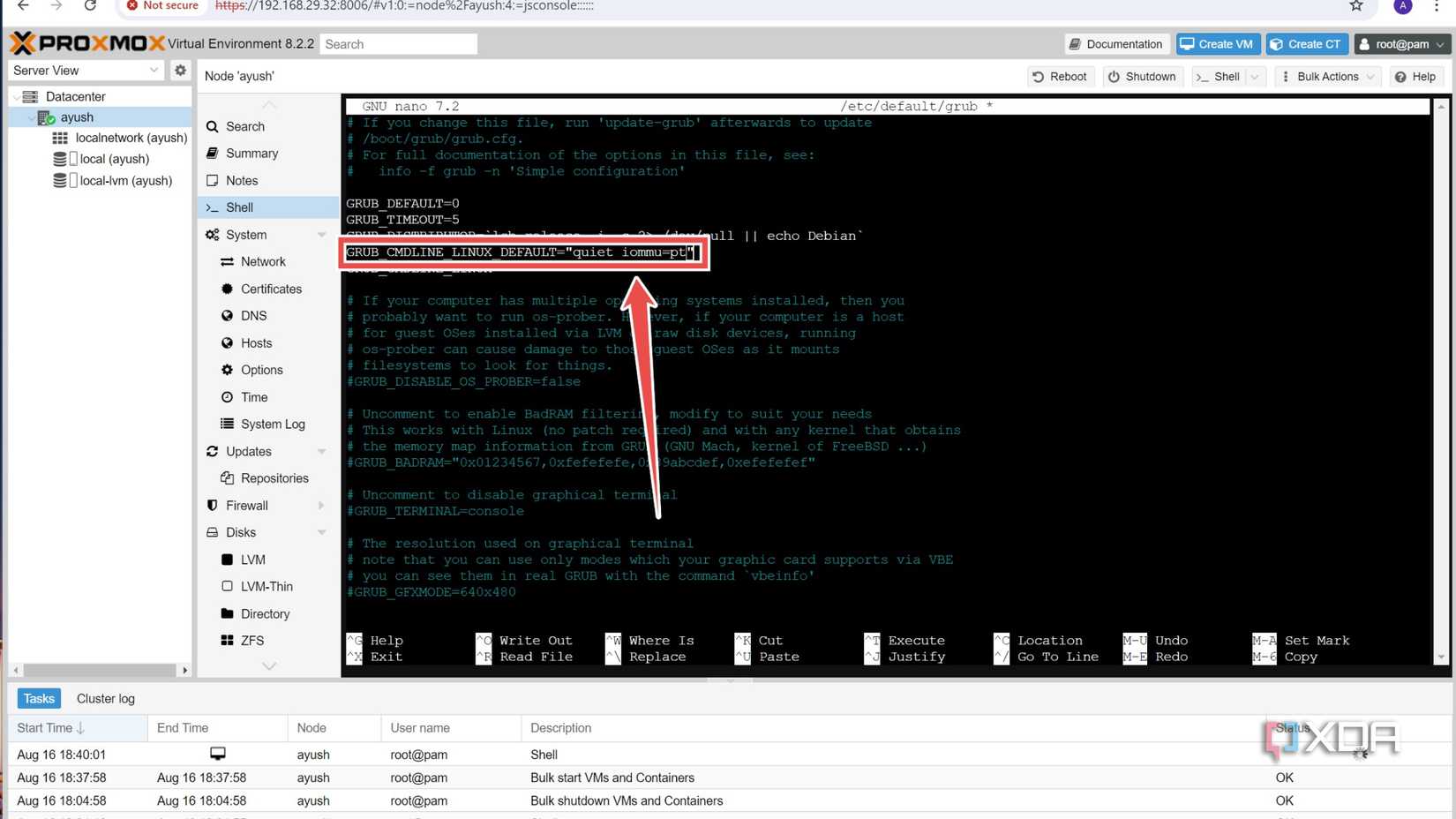 Adding the iommu=pt parameter inside the GRUB bootloader config file in the Proxmox web UI