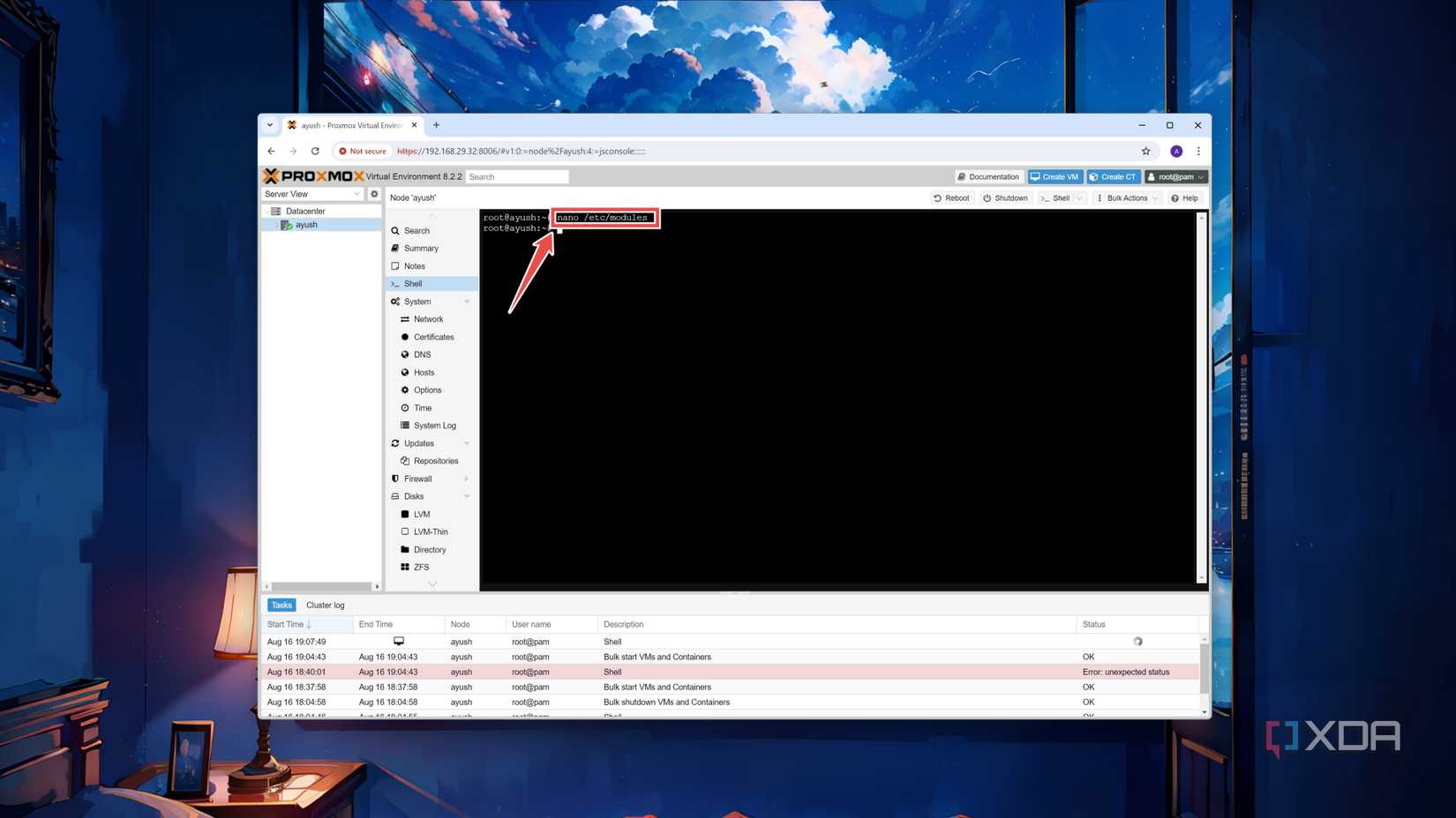 The command to open the modules file the Proxmox web UI