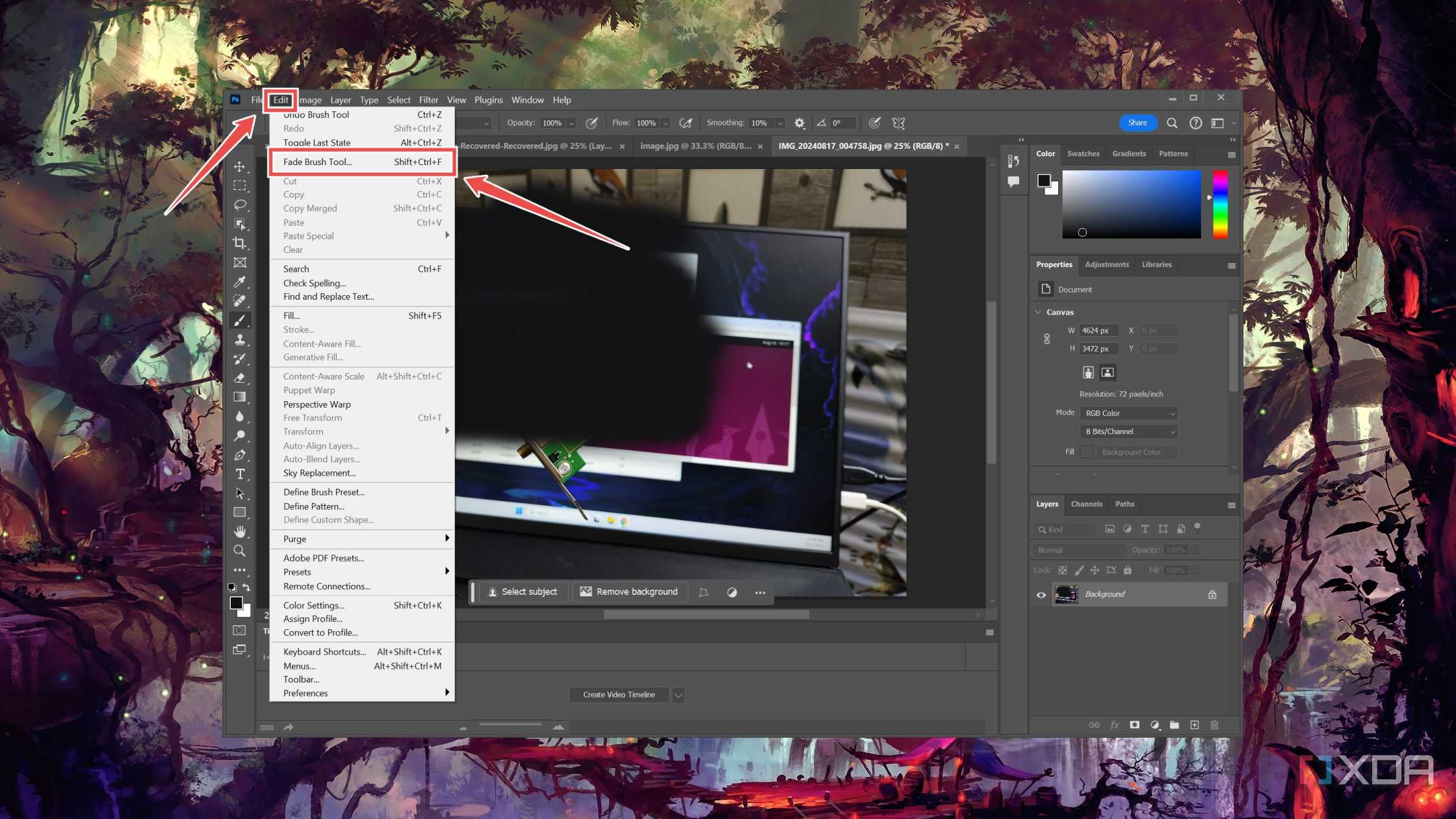 Accessing the Fade Brush tool in Photoshop