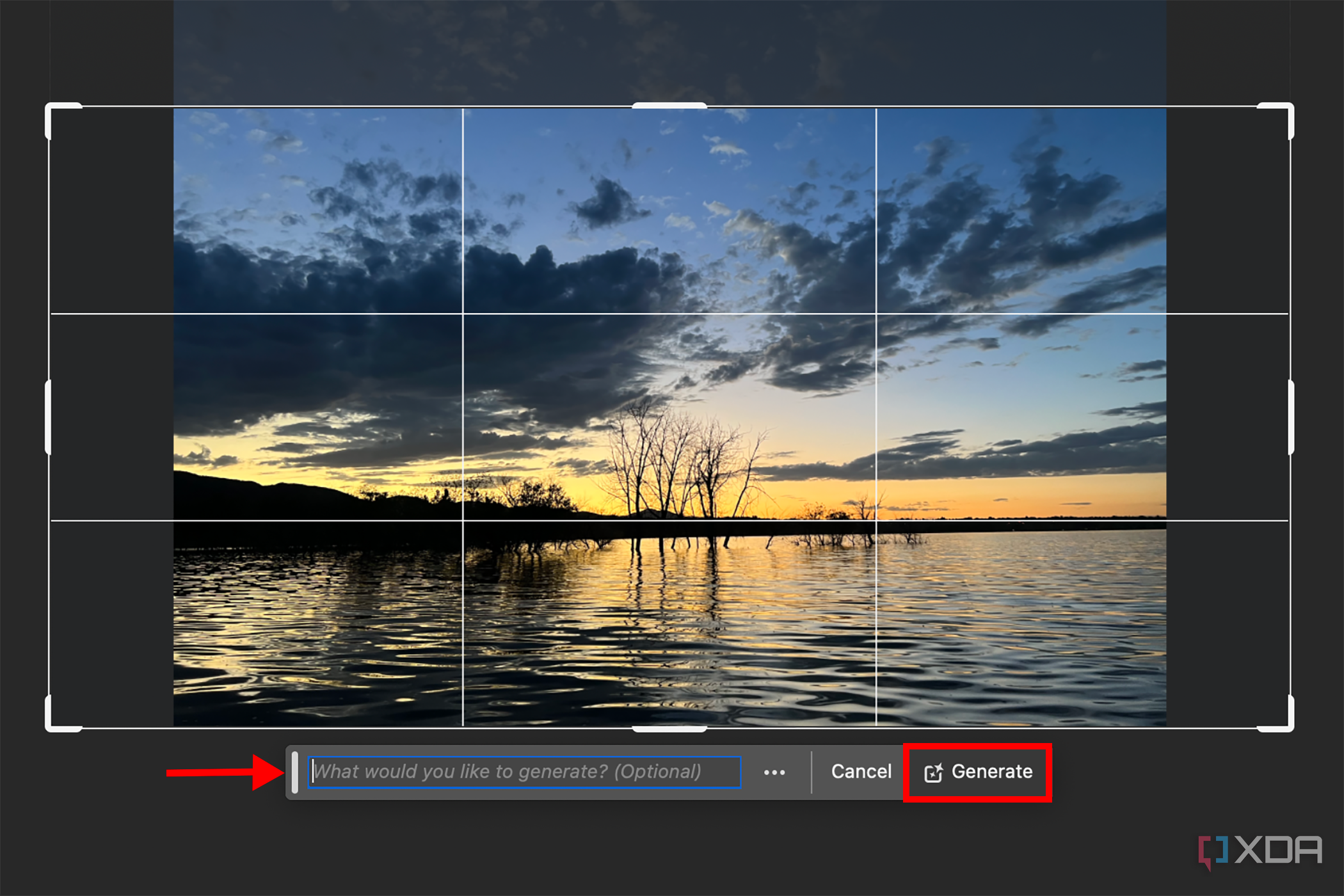 Photo in Photoshop with the Crop grid overlaid and the Generative Expand prompt box below it.