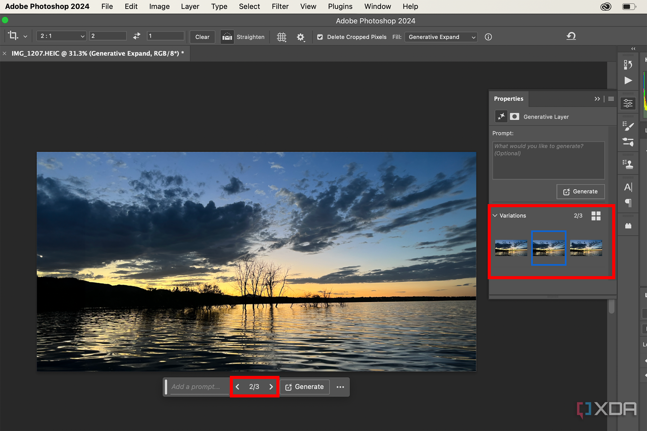 Landscape image in Photoshop with Generative Expand variations menu.
