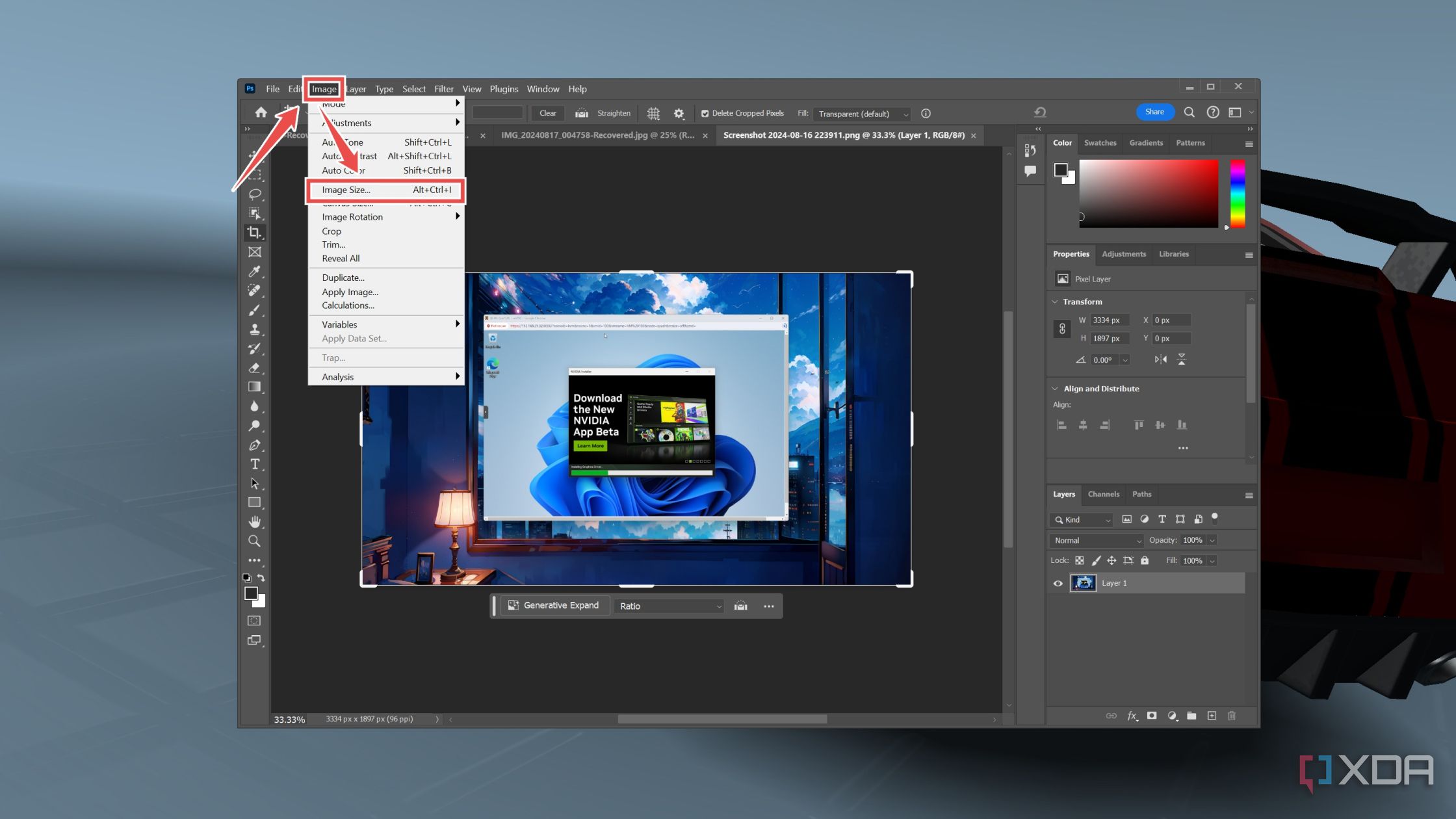 The option to upscale an image in Photoshop