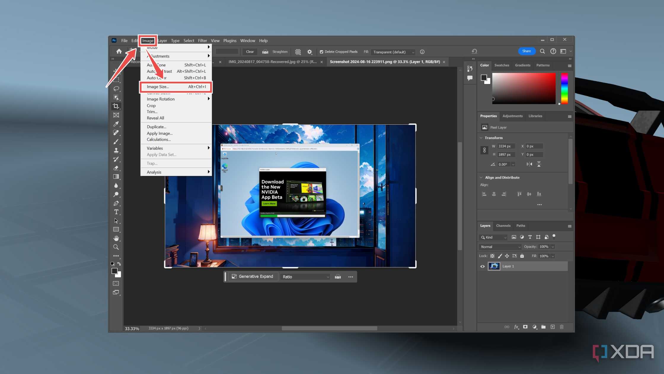 The option to upscale an image in Photoshop