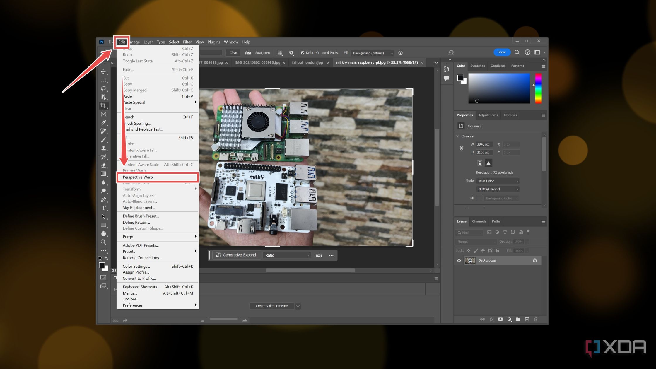 Opening the Perspective Warp tool in Photoshop