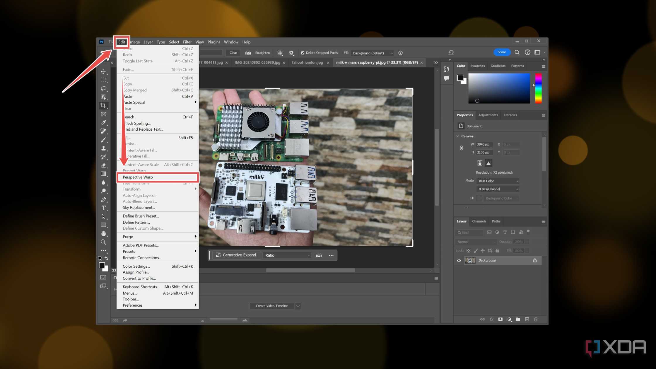 Opening the Perspective Warp tool in Photoshop