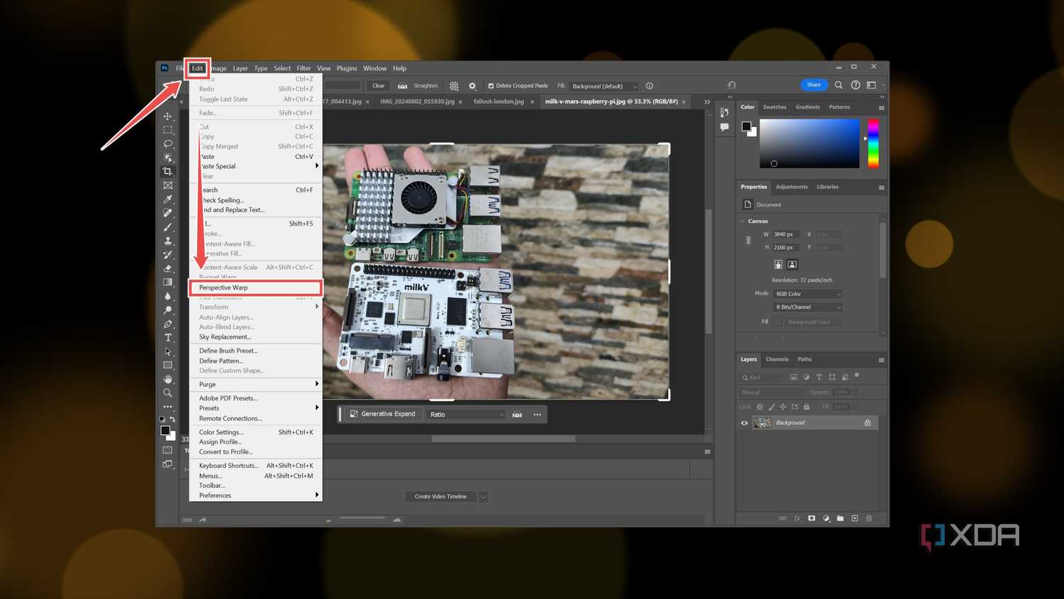 Opening the Perspective Warp tool in Photoshop