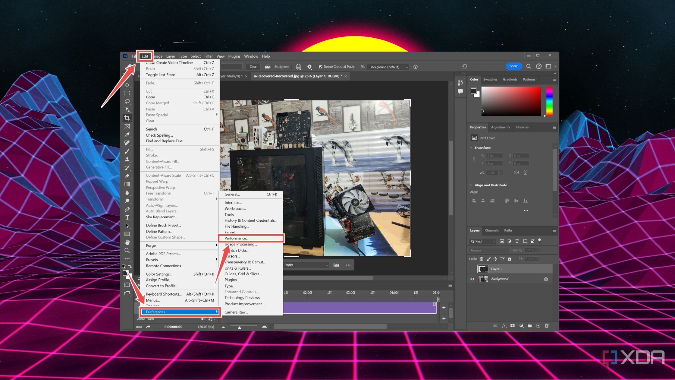 The procedure to enter the Performance tab in Photoshop