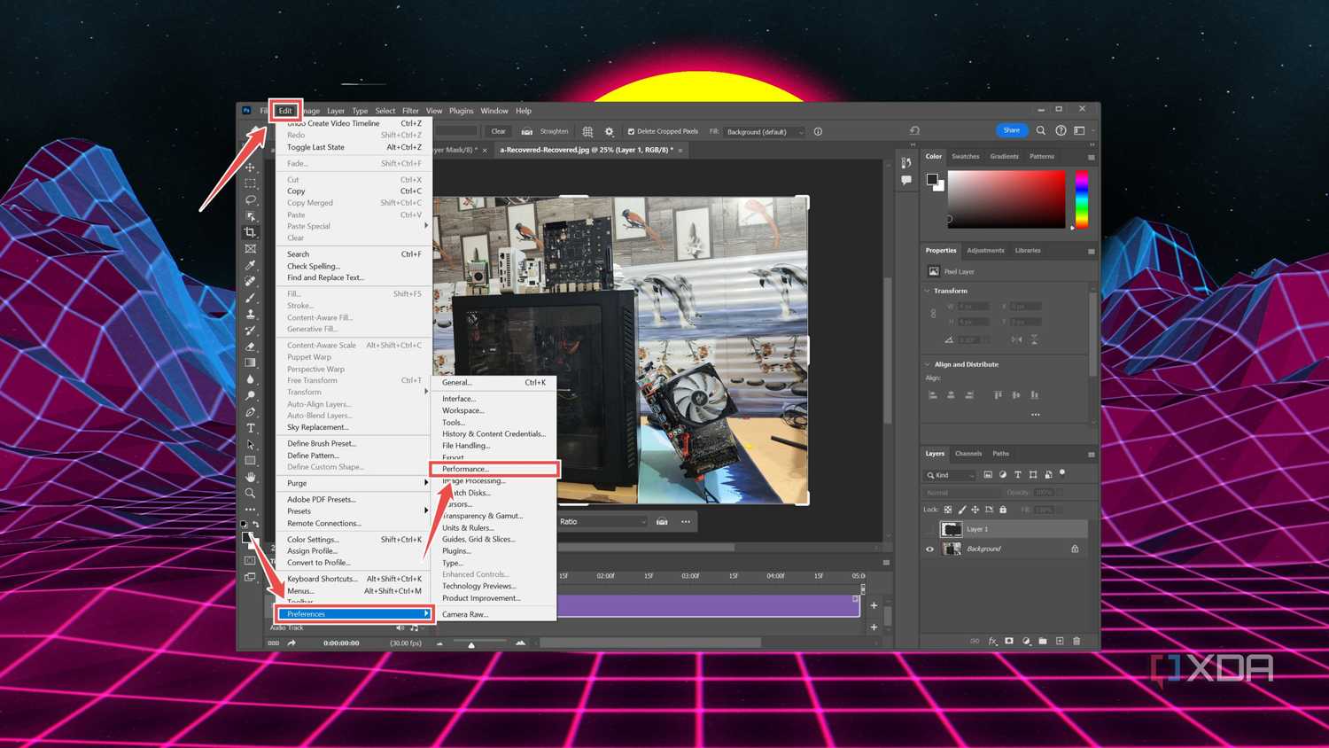 The procedure to enter the Performance tab in Photoshop